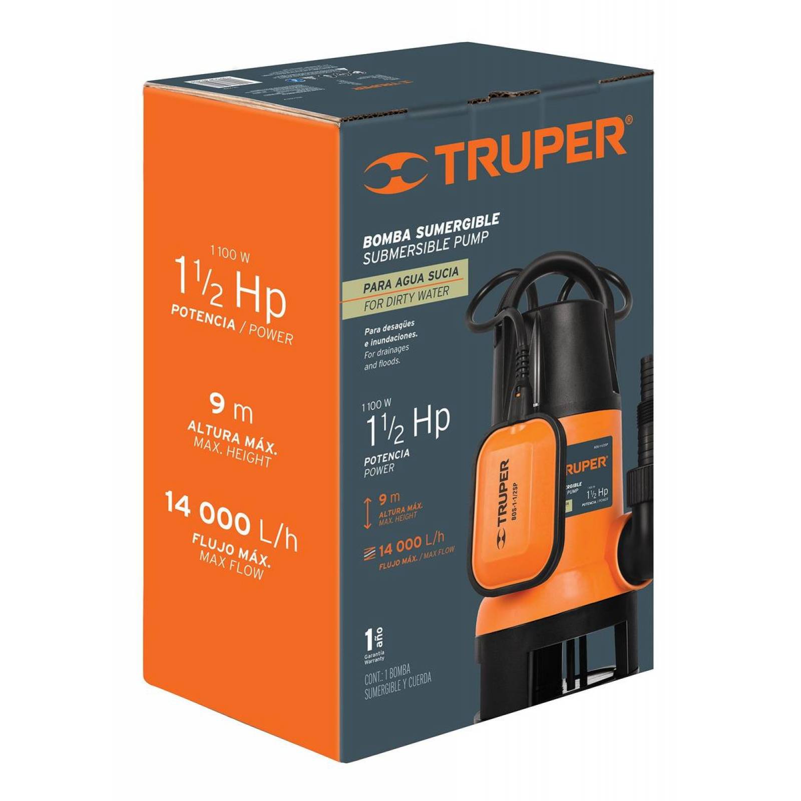 Bomba sumergible plástica, 1-1/2 HP para agua sucia, Truper