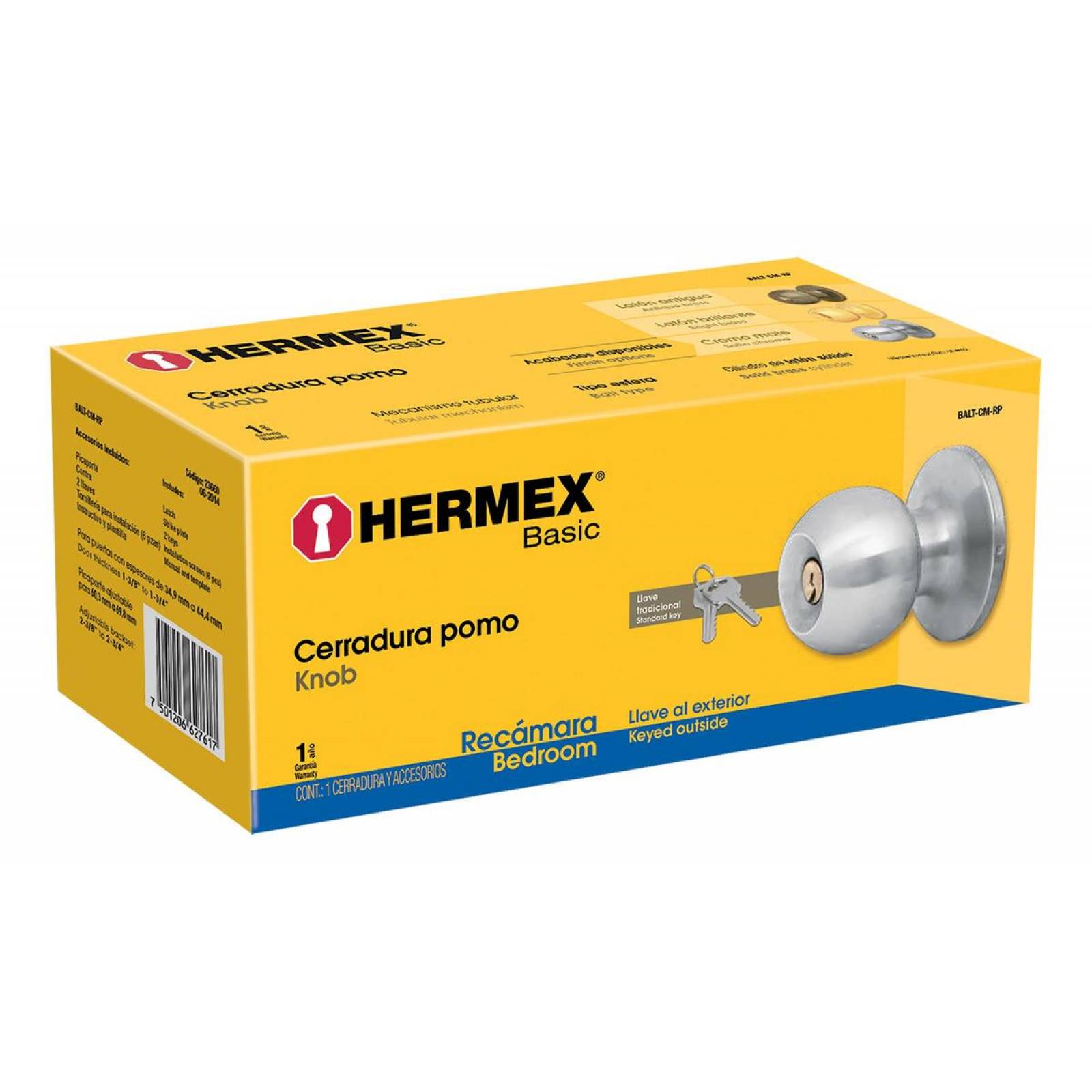 Cerradura tipo esfera, tubular, recámara, cromo, Hermex