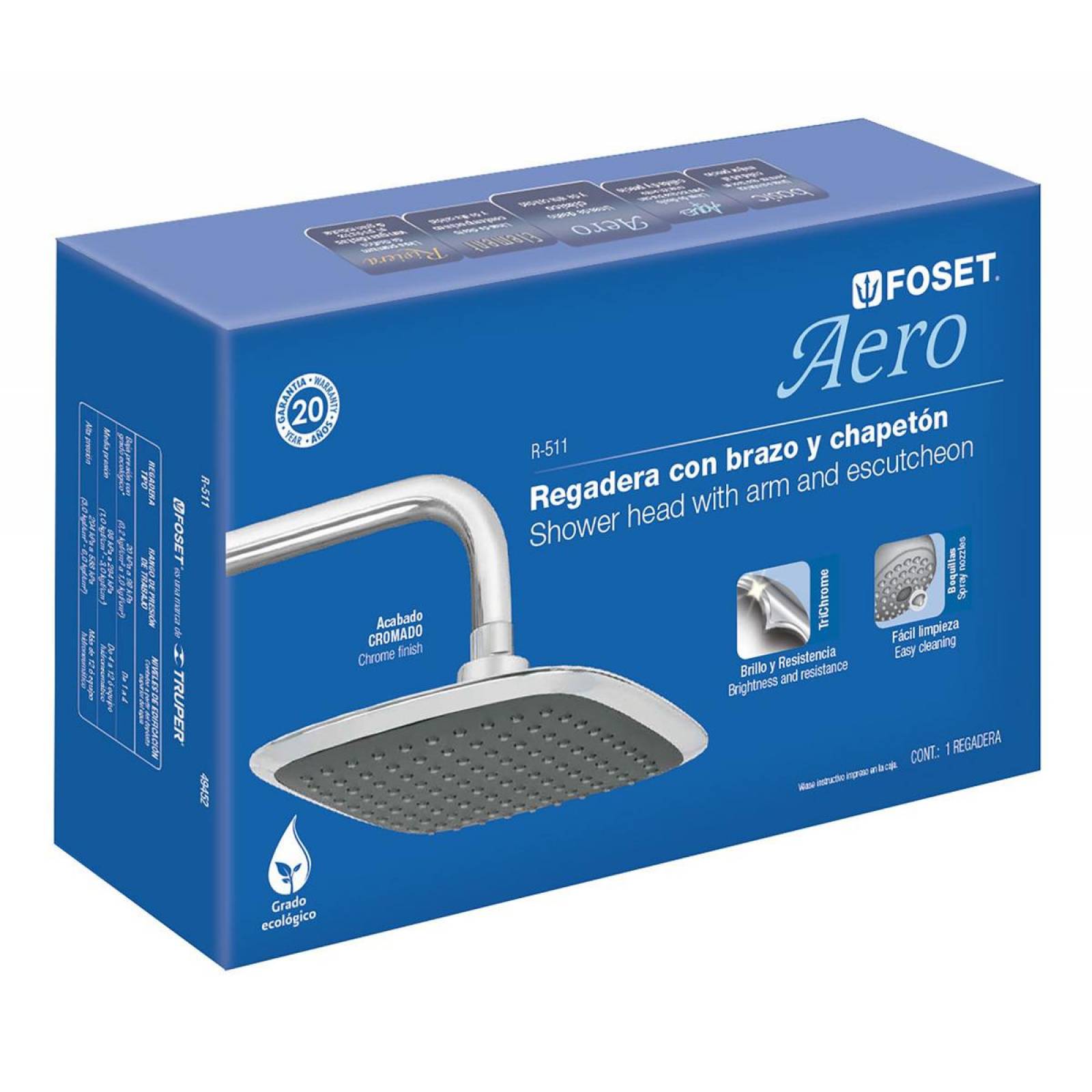 Regadera Cuadrada Plástica 8' Con Brazo Foset 