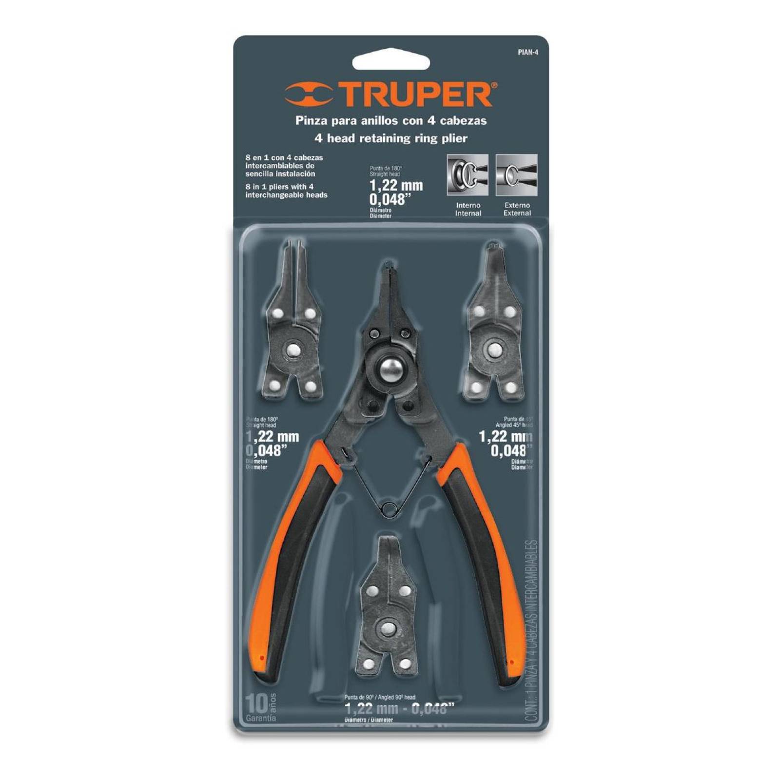 Pinza para anillos de retención 6" 4 cabezas intercambiables 