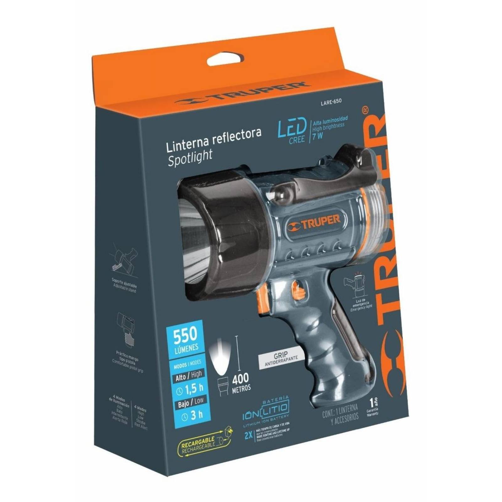Lámpara recargable de LED 550 lm alta potencia, Truper