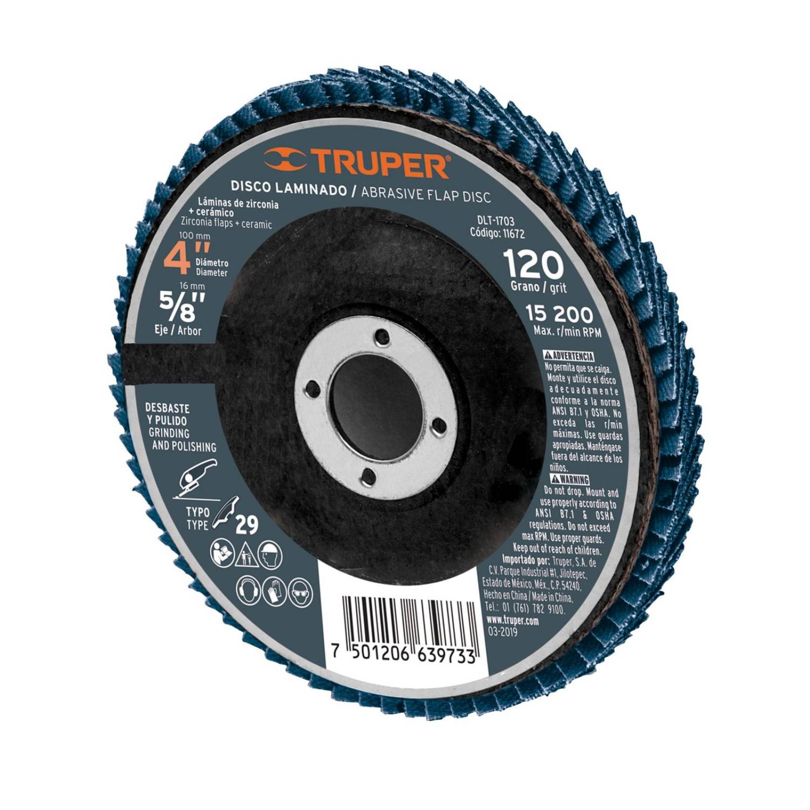 Disco laminado, tipo 29, diámetro 4', grano 40, centro 5/8' Truper