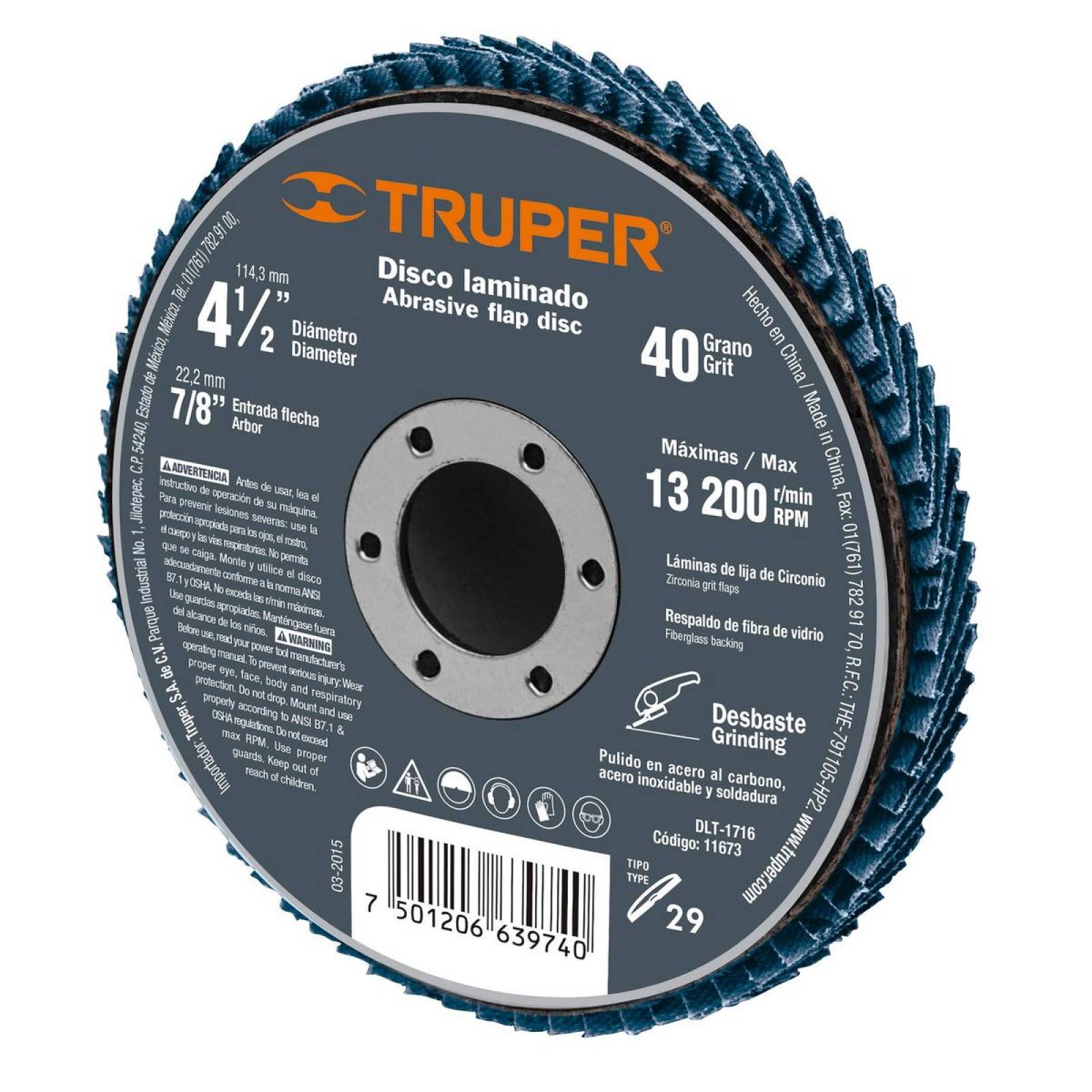 Disco Laminado 4-1/2' Grano 40 Centro 7/8' Truper 