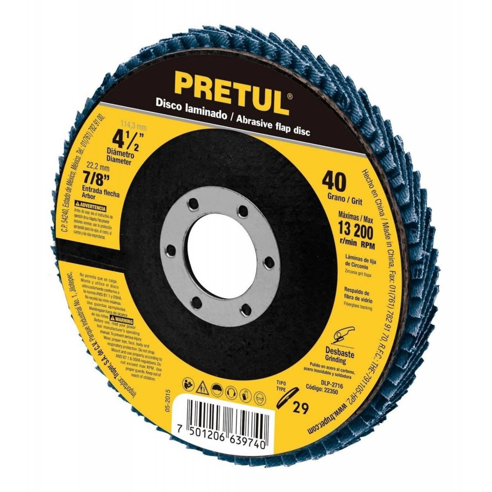 Disco 4-1/2" laminado grano 40 centro 7/8", Pretul