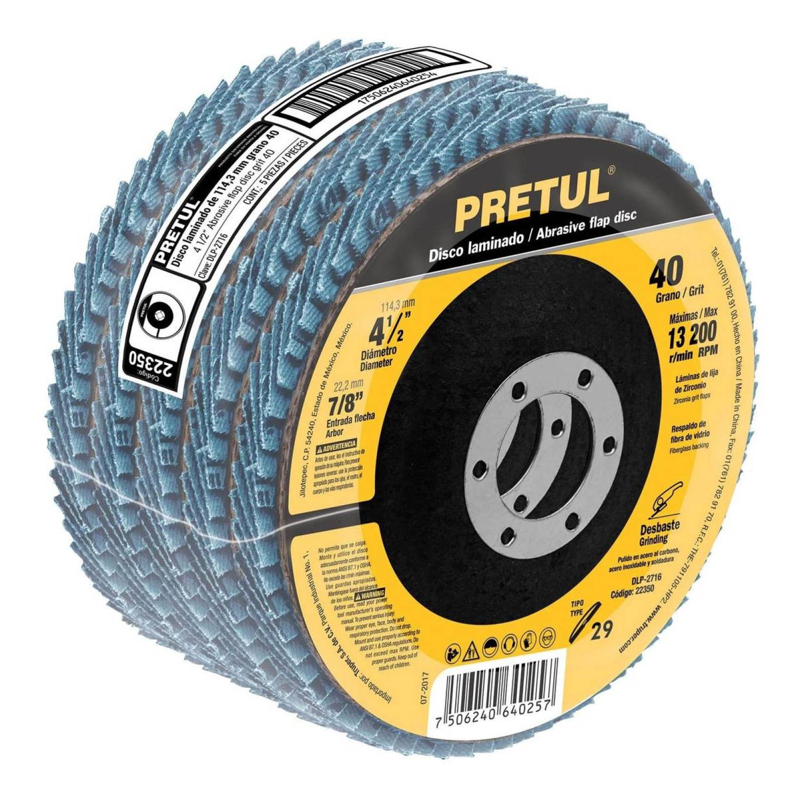 Disco 4-1/2" laminado grano 40 centro 7/8", Pretul