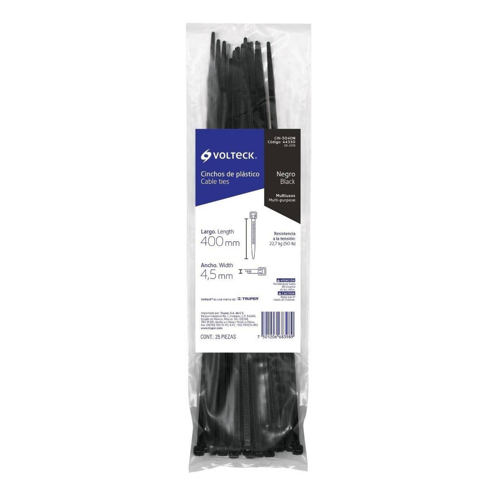 Cincho plástico, 50 lb, 40 cm, negro, bolsa con 25 pzas Volteck 