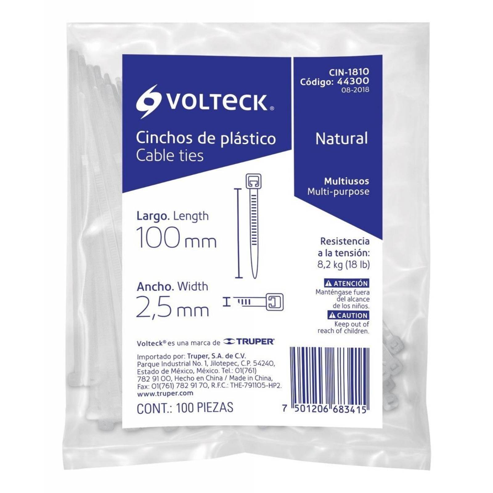 Cincho plástico, 18 lb, 10 cm, bolsa con 100 pzas Volteck 