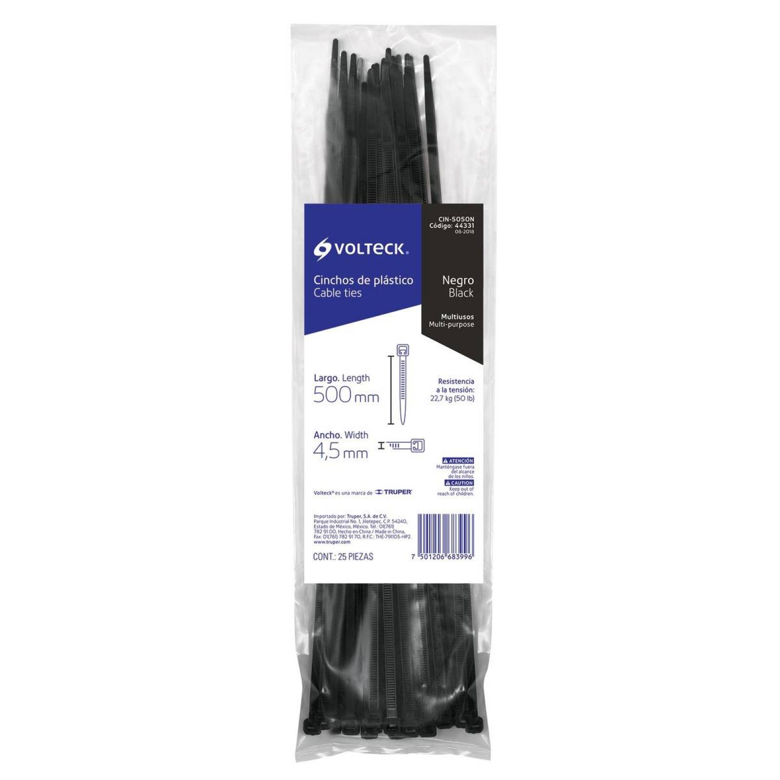 Cincho plástico, 50 lb, 50 cm, negro, bolsa con 25 pzas Volteck 