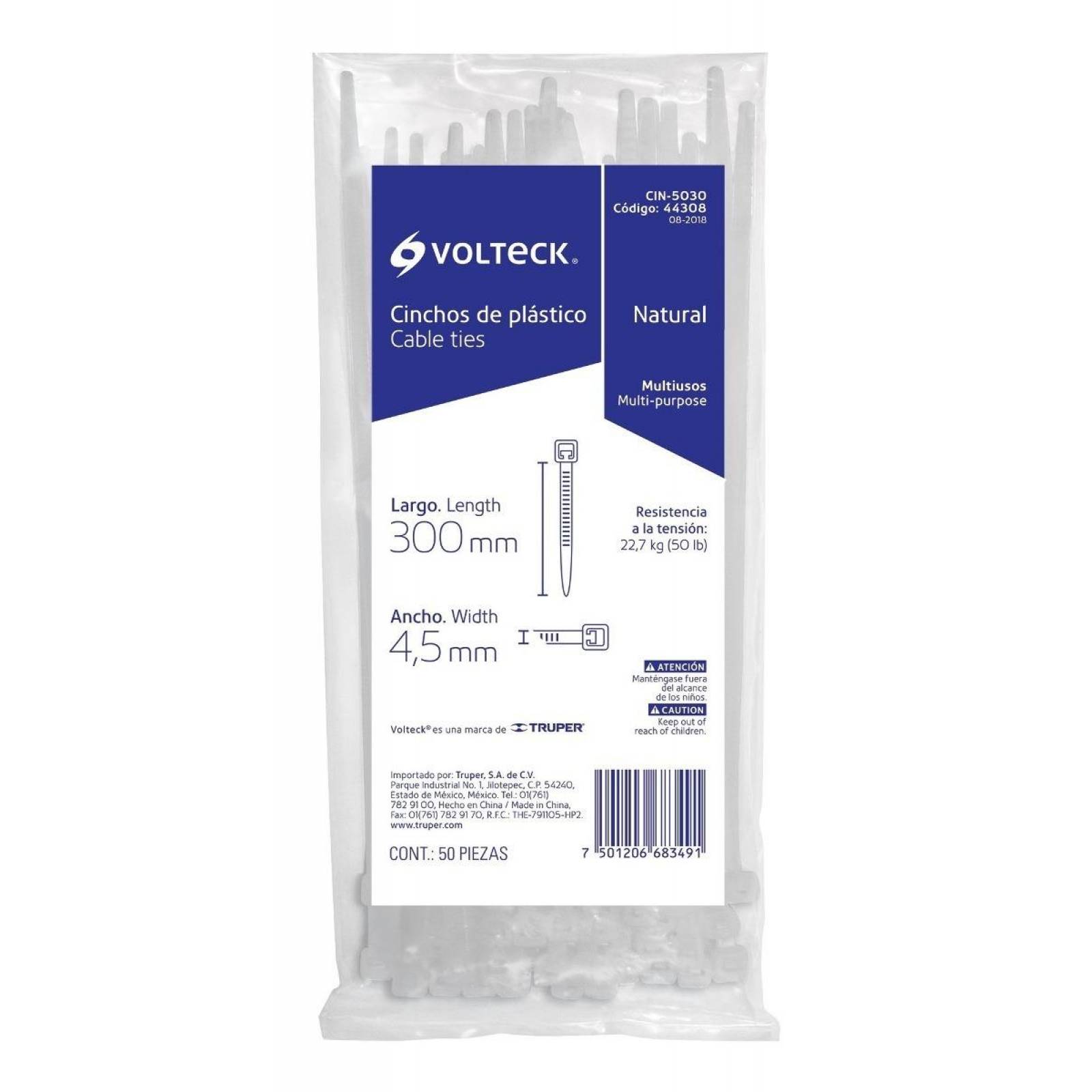 Cincho plástico, 50 lb, 30 cm, bolsa con 50 pzas Volteck 