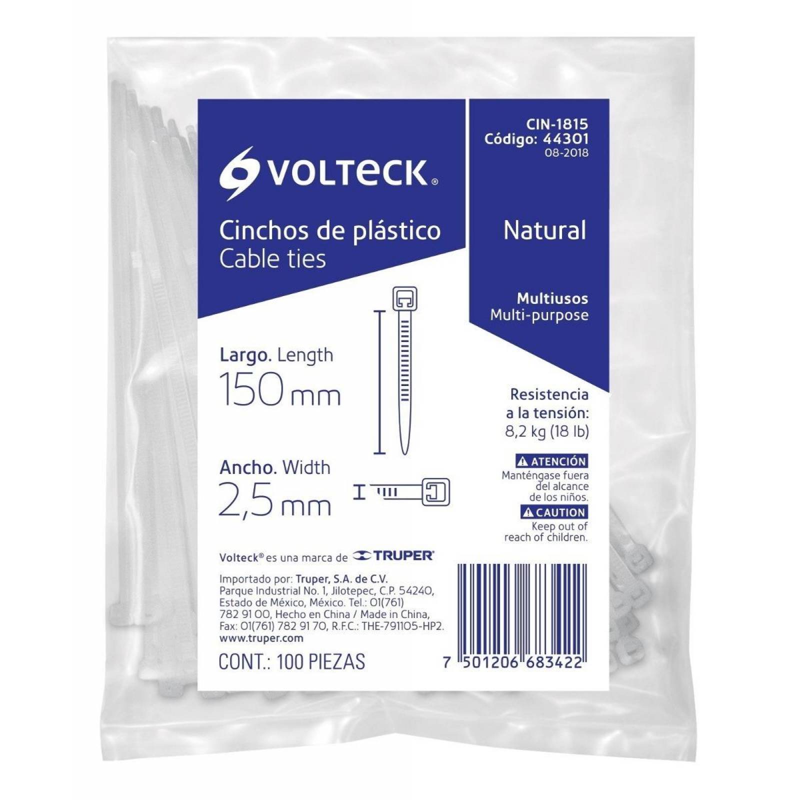 Cincho plástico, 18 lb, 15 cm, bolsa con 100 pzas Volteck