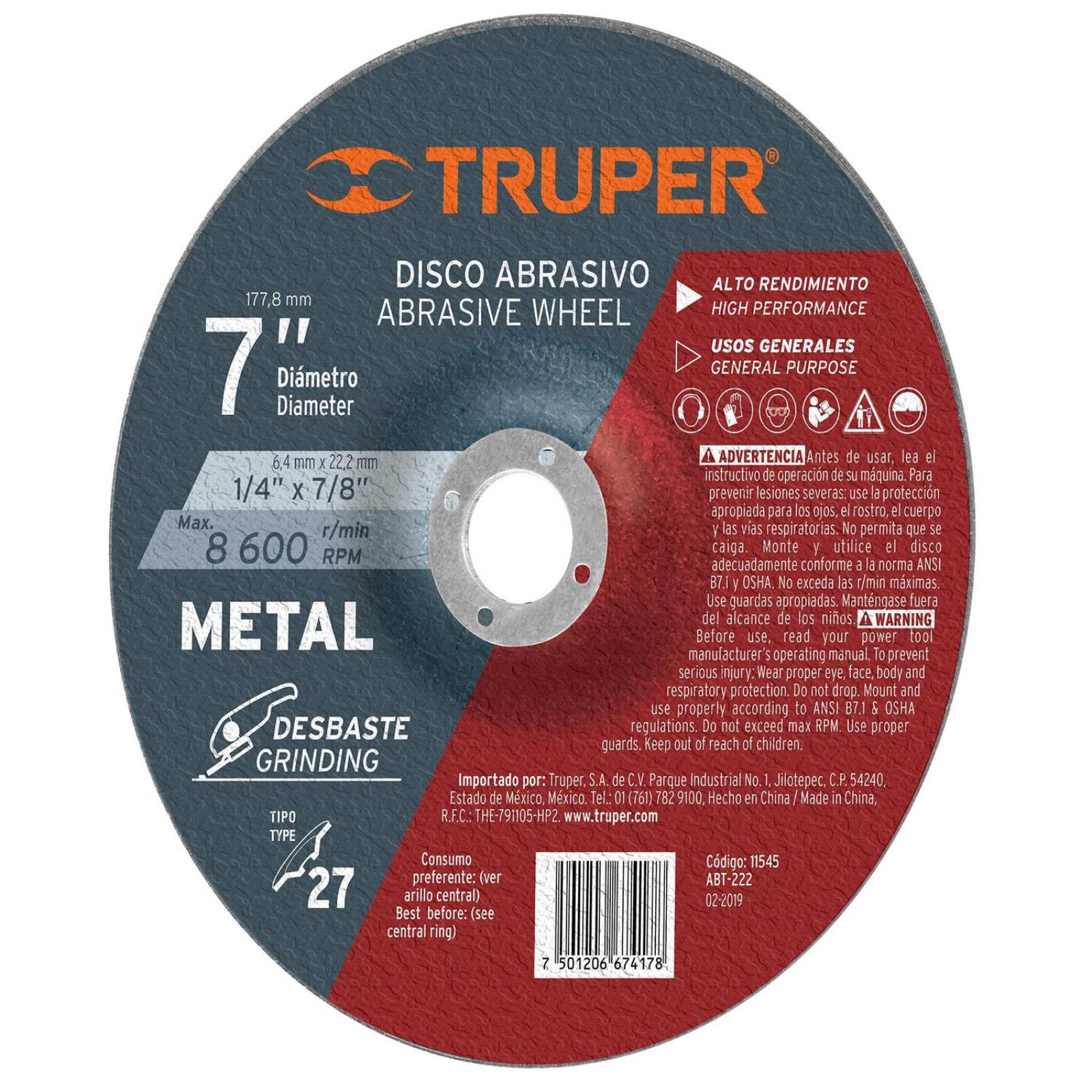 Disco desbaste metal, tipo27,diámetro 7',alto rendimiento Truper 