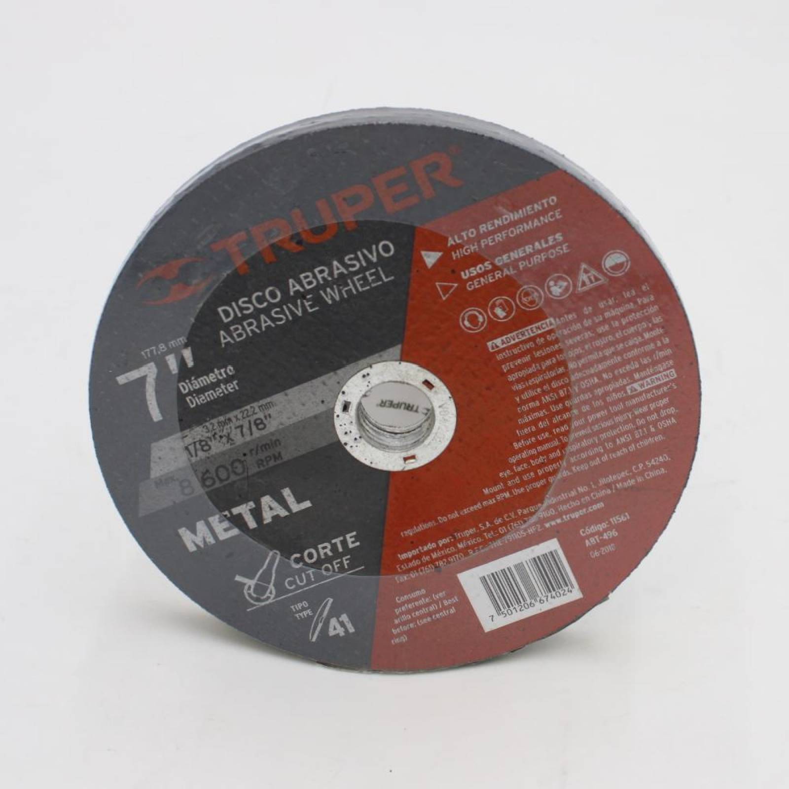 Disco para corte de metal, tipo 41, diámetro 7" 