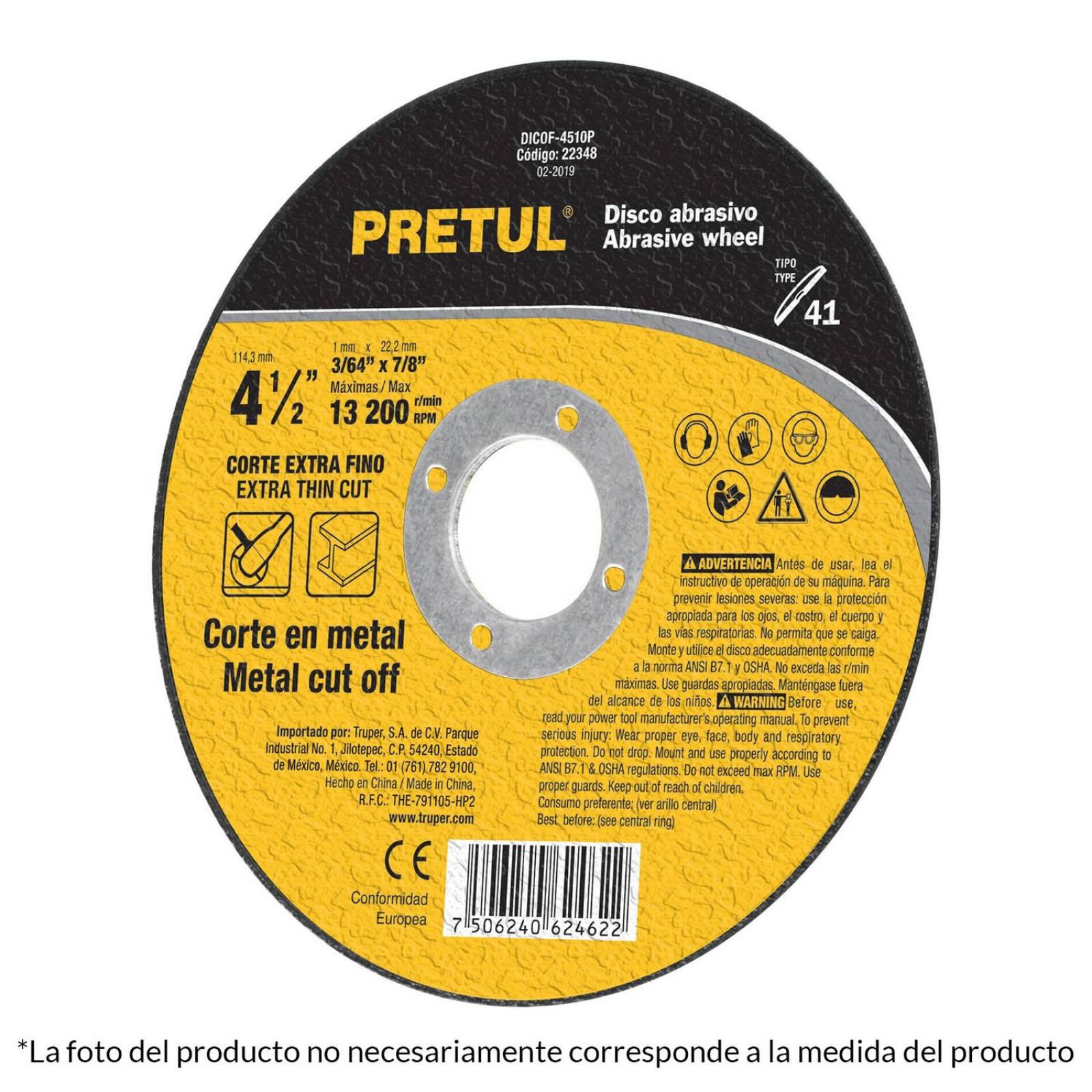 Disco Tipo 41 Para Corte Fino De Metal 4-1/2', 1.2 Mm Pretul Pretul