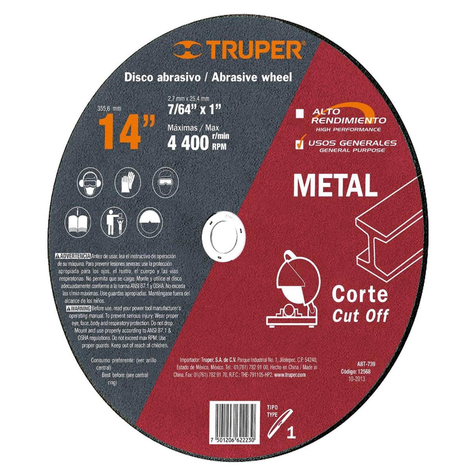 Disco Para Corte De Metal Tipo 1 Diámetro 14' Truper 