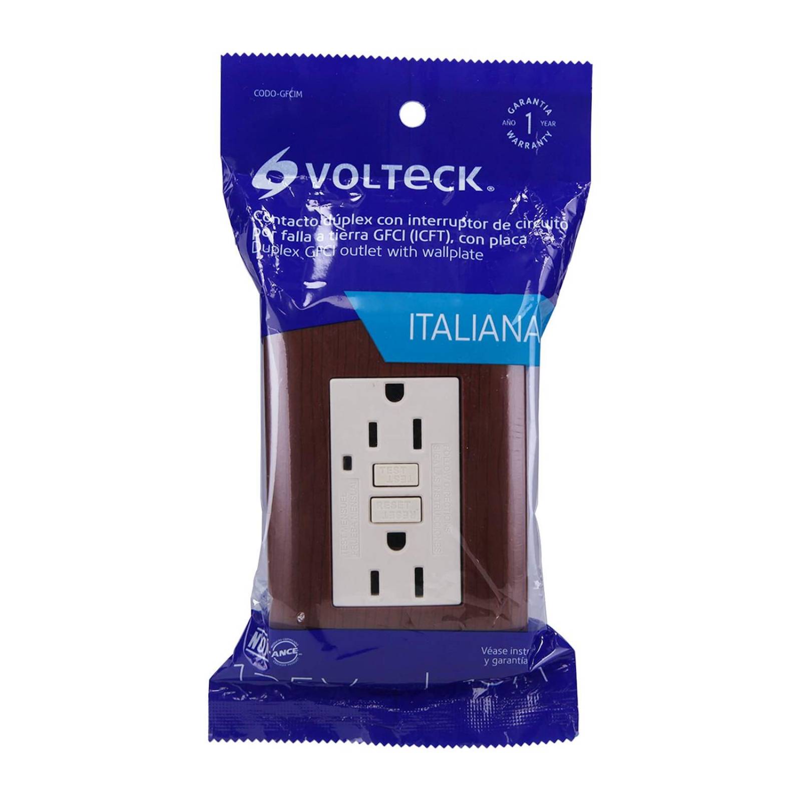 Contacto dúplex falla a tierra GFCI, madera, línea Italiana Volteck 