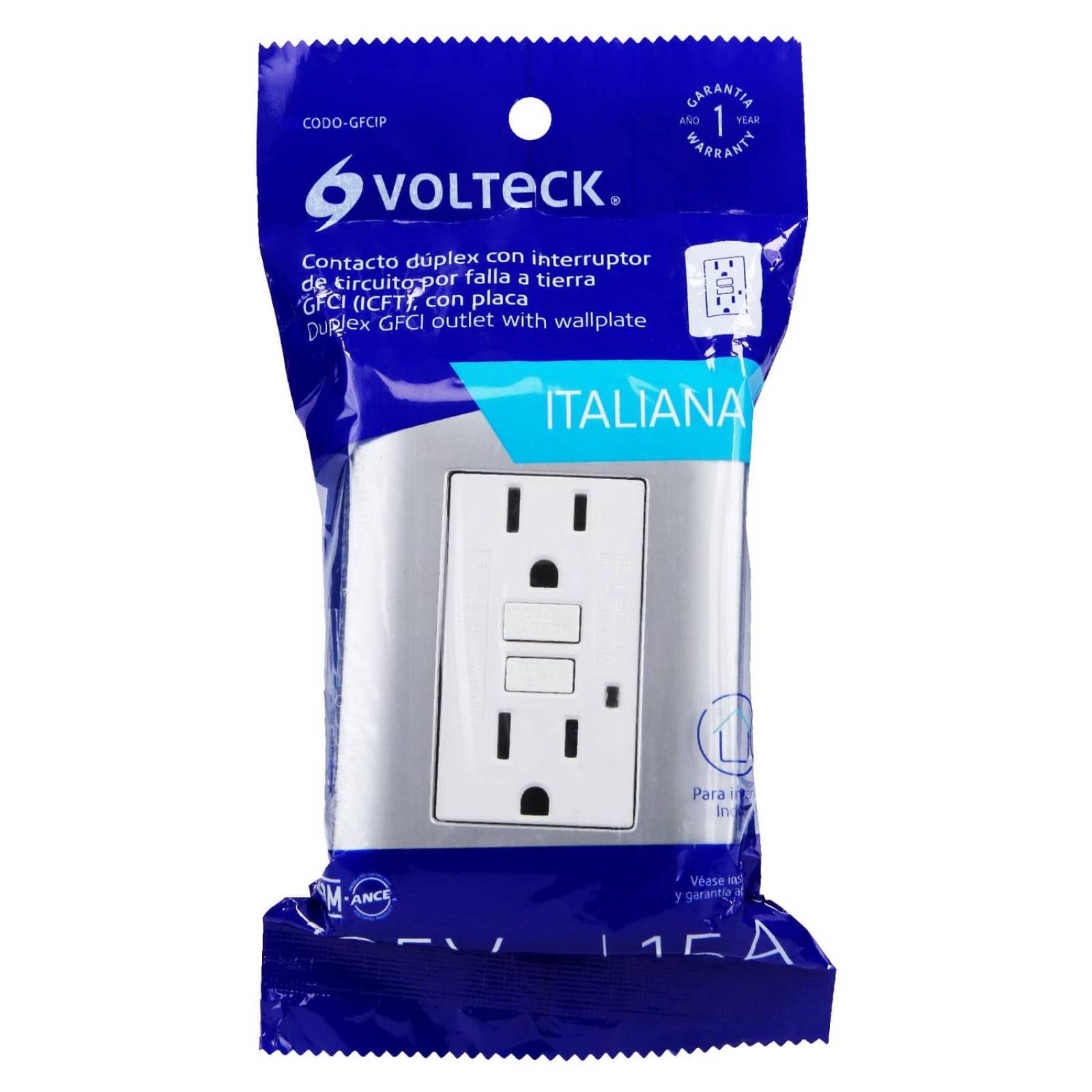 Contacto dúplex falla a tierra GFCI, plata, línea Italiana Volteck