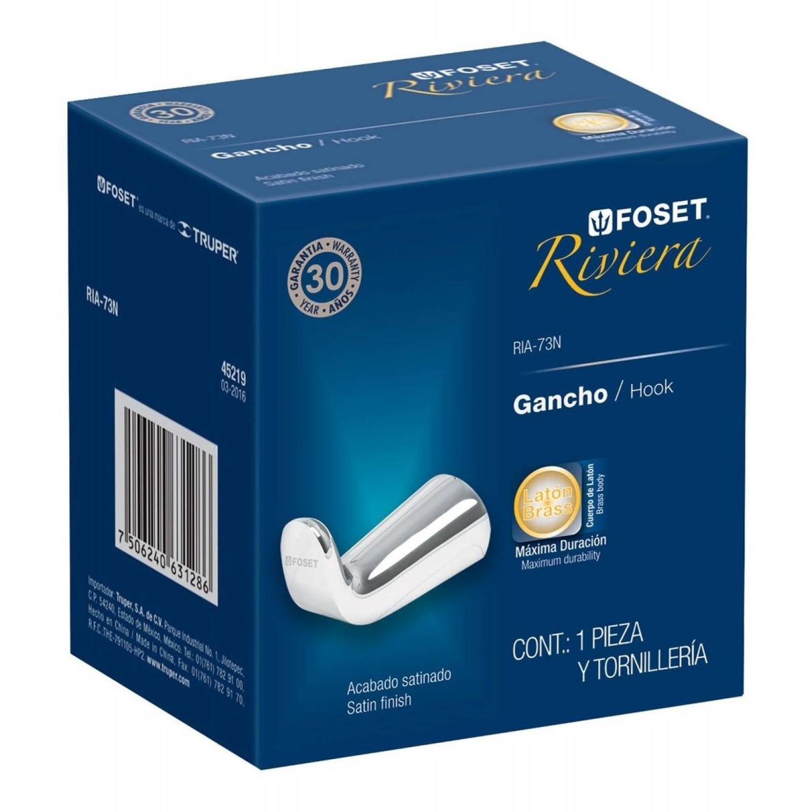 Gancho Sencillo Satinado Para Toalla Línea Riviera Foset 452 