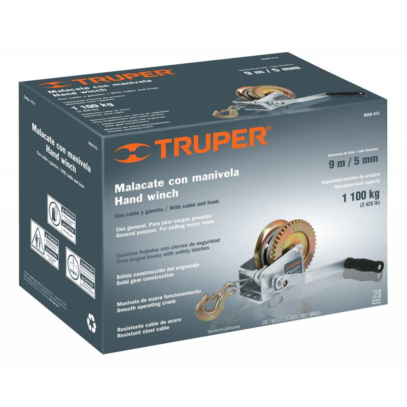 Malacate de manivela 1100 kg con cable, Truper 