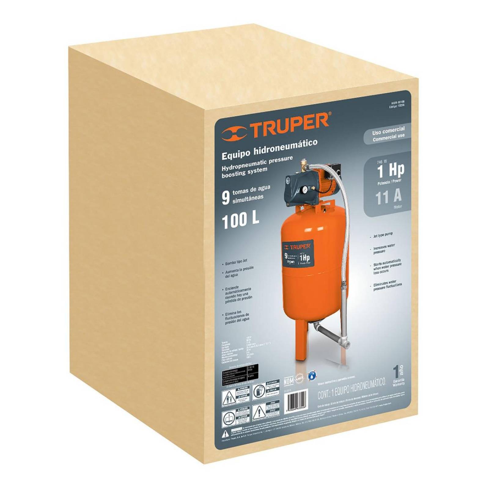 Bomba hidroneumática 1 HP, 100 litros, Truper 