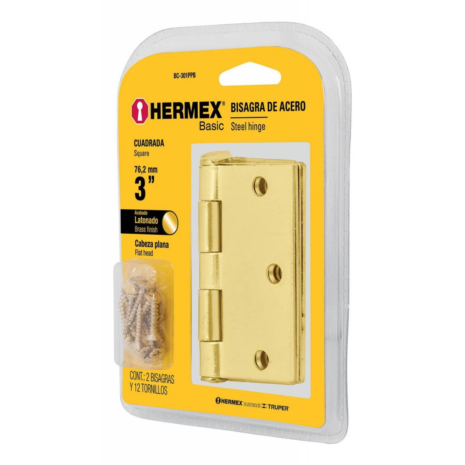 Bolsa con 2 bisagras cuadradas 3", acero latonado, Basic 