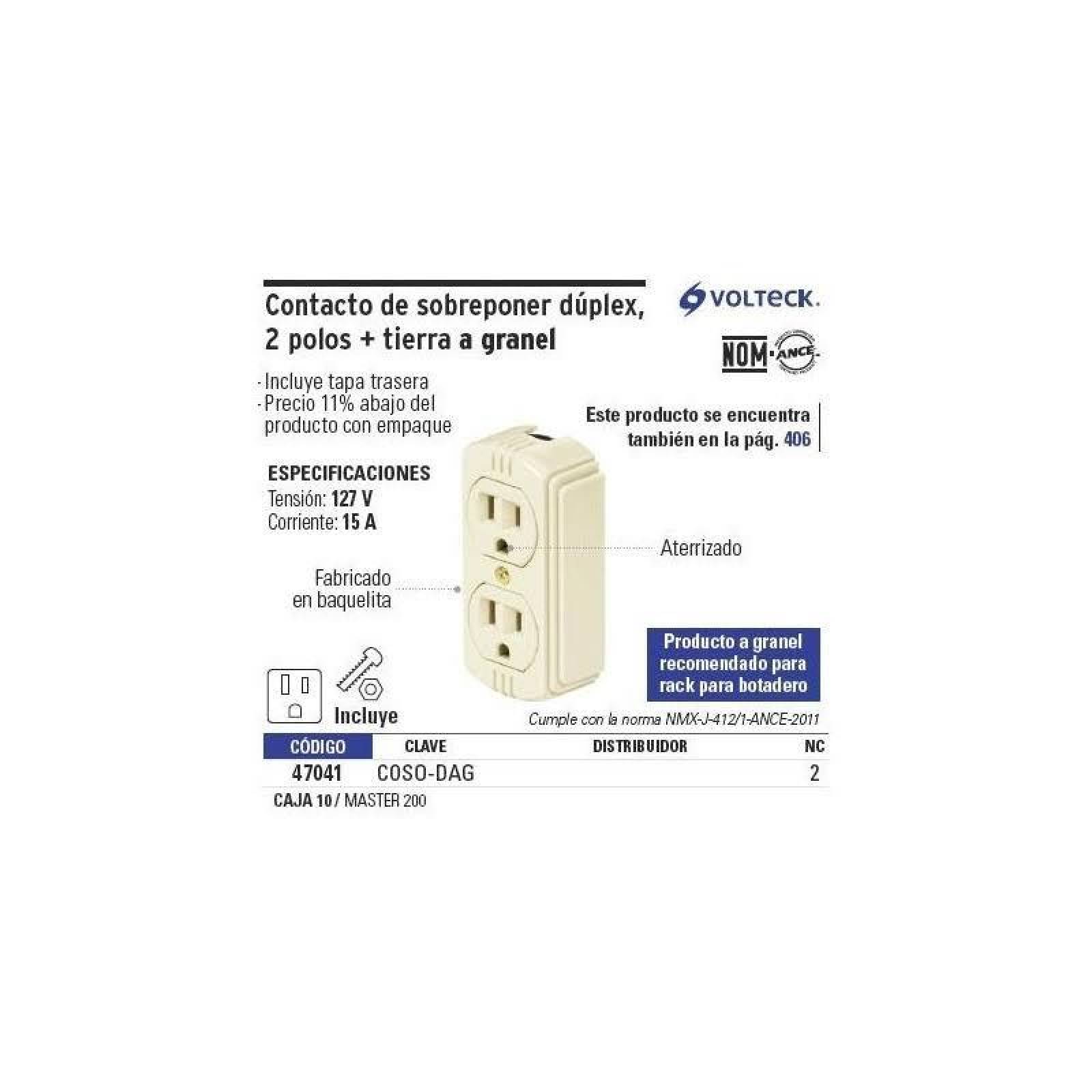 Contacto de sobreponer dúplex, 2 polos+tierra a granel Volteck