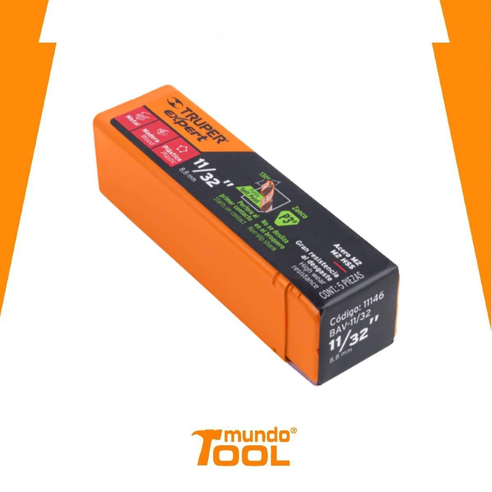 Broca HSS 11/32" Trugold para metal, Truper Expert. 5 piezas 