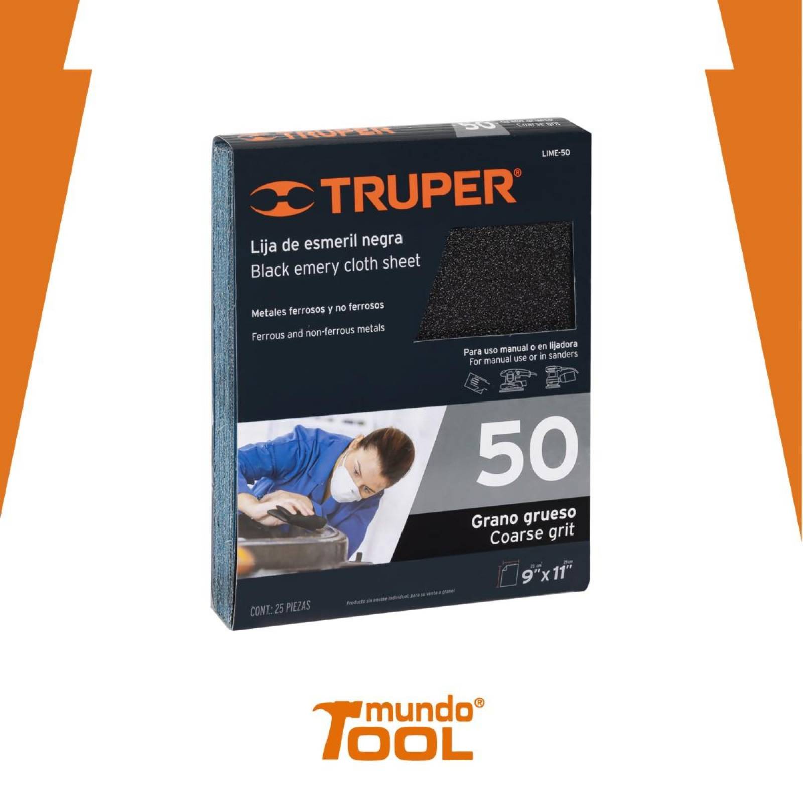 Lija de esmeril, grano 50 Truper 25 pzas 