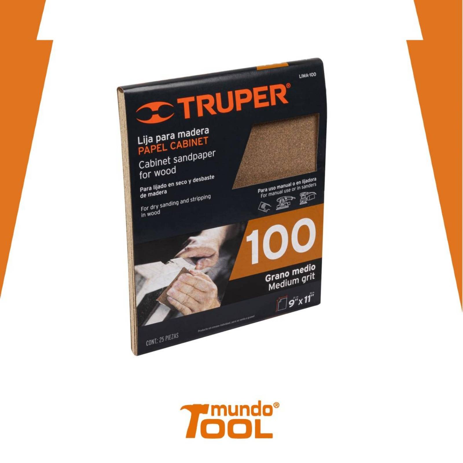 Lija para madera, grano 100 Truper 25 pzas 