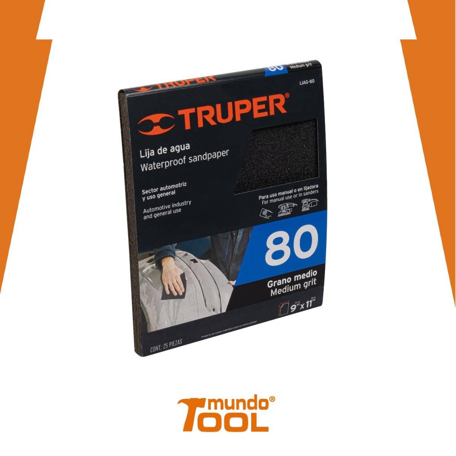 Lija de agua, grano 80 Truper 25 pzas 