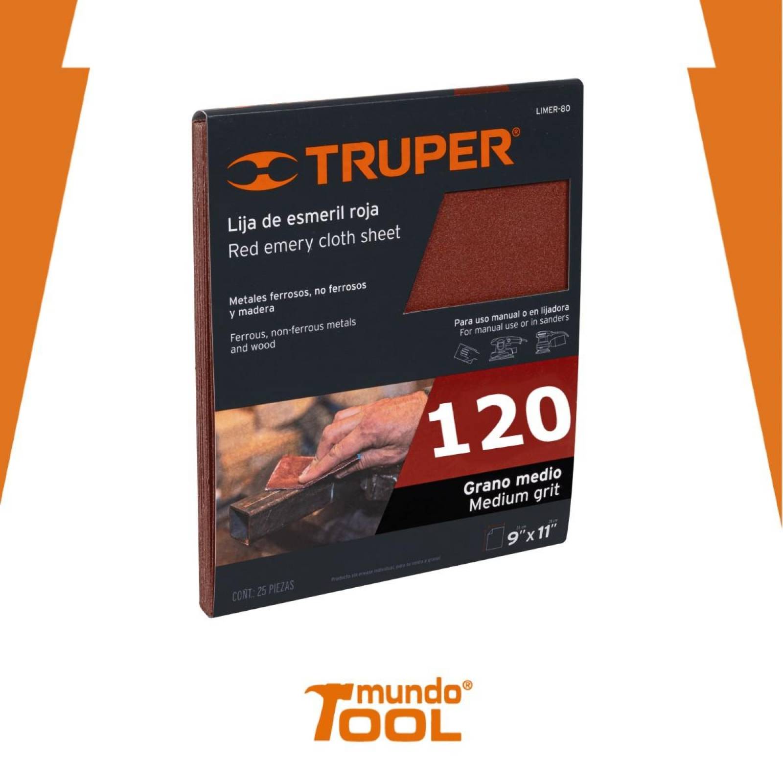 Lija de esmeril roja, grano 120 Truper 25 pzas 
