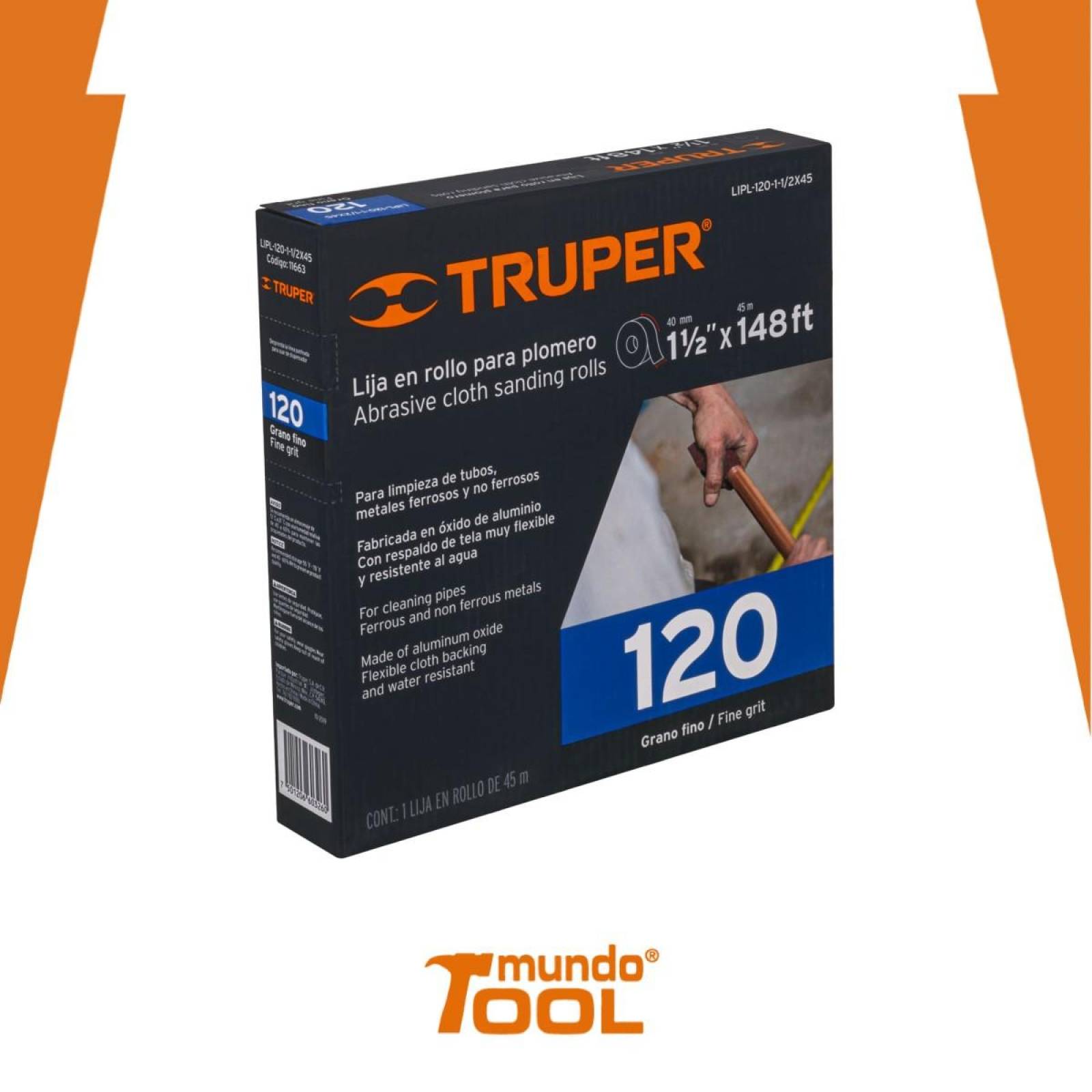 Lija Para Plomero Grano 120 1-1/2 X 45' Truper. Rollo de 45 m 