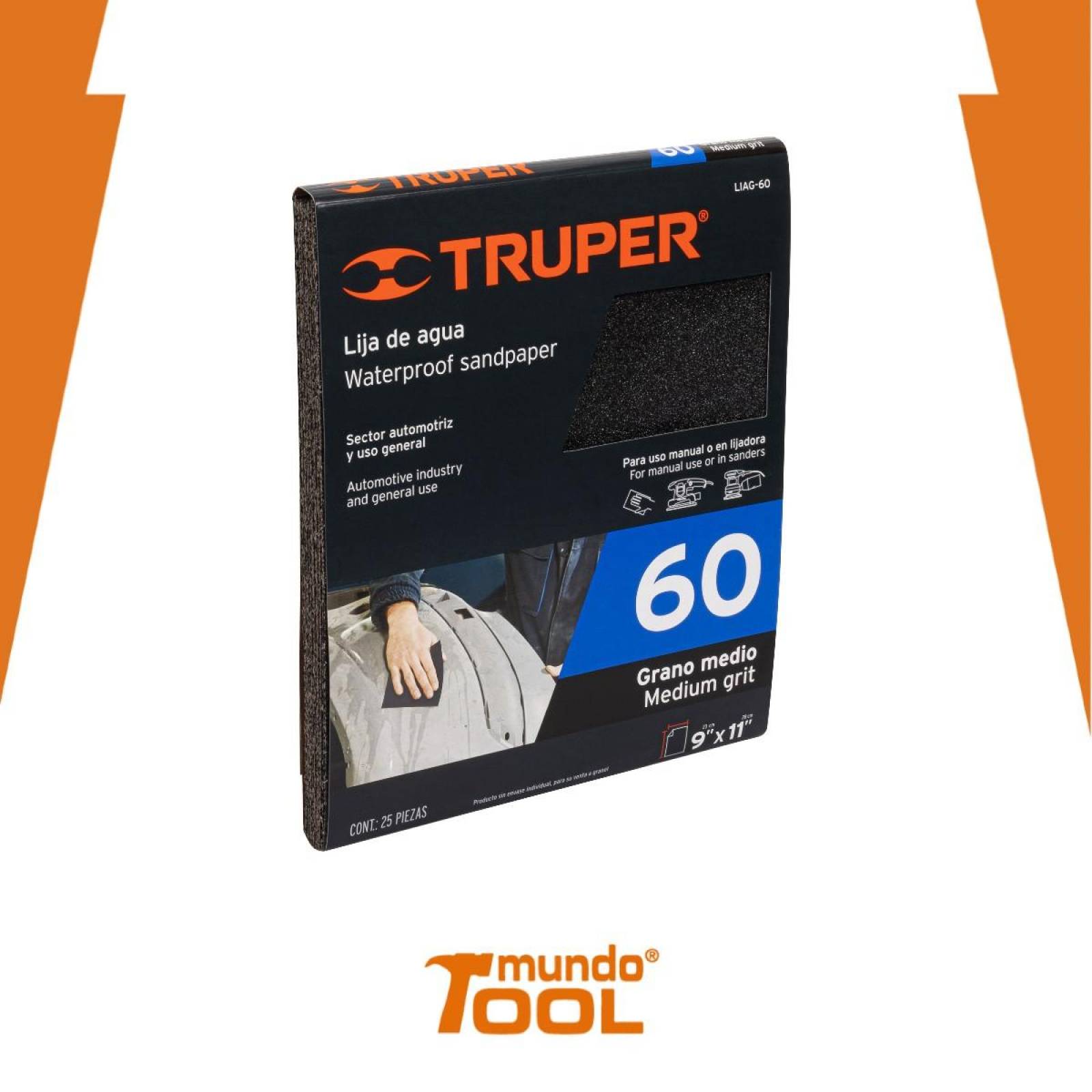 Lija de agua, grano 60 Truper 25 pzas 