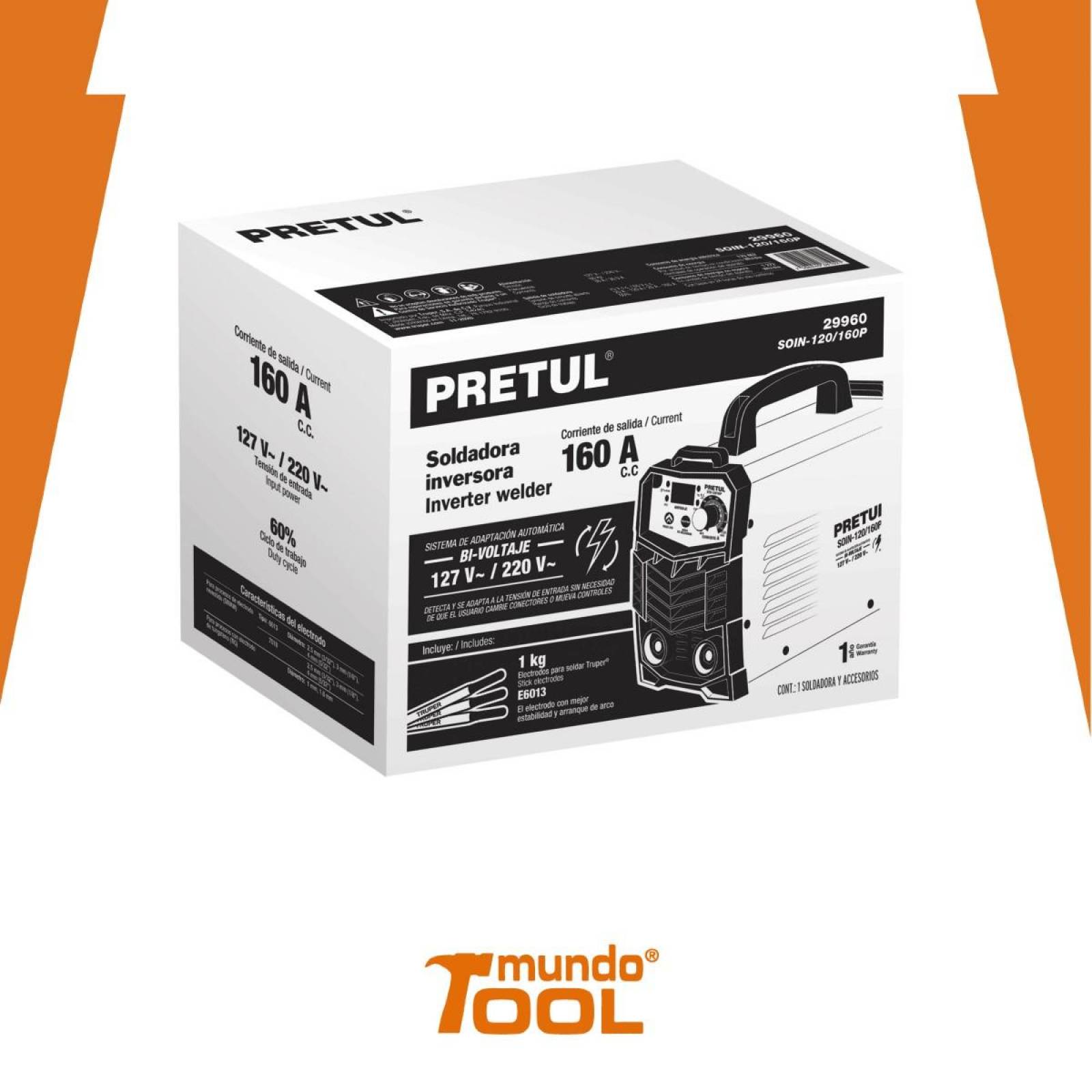 Soldadora inversora, 160 A, Bi-voltaje 127/220 V, Pretul Pretul 