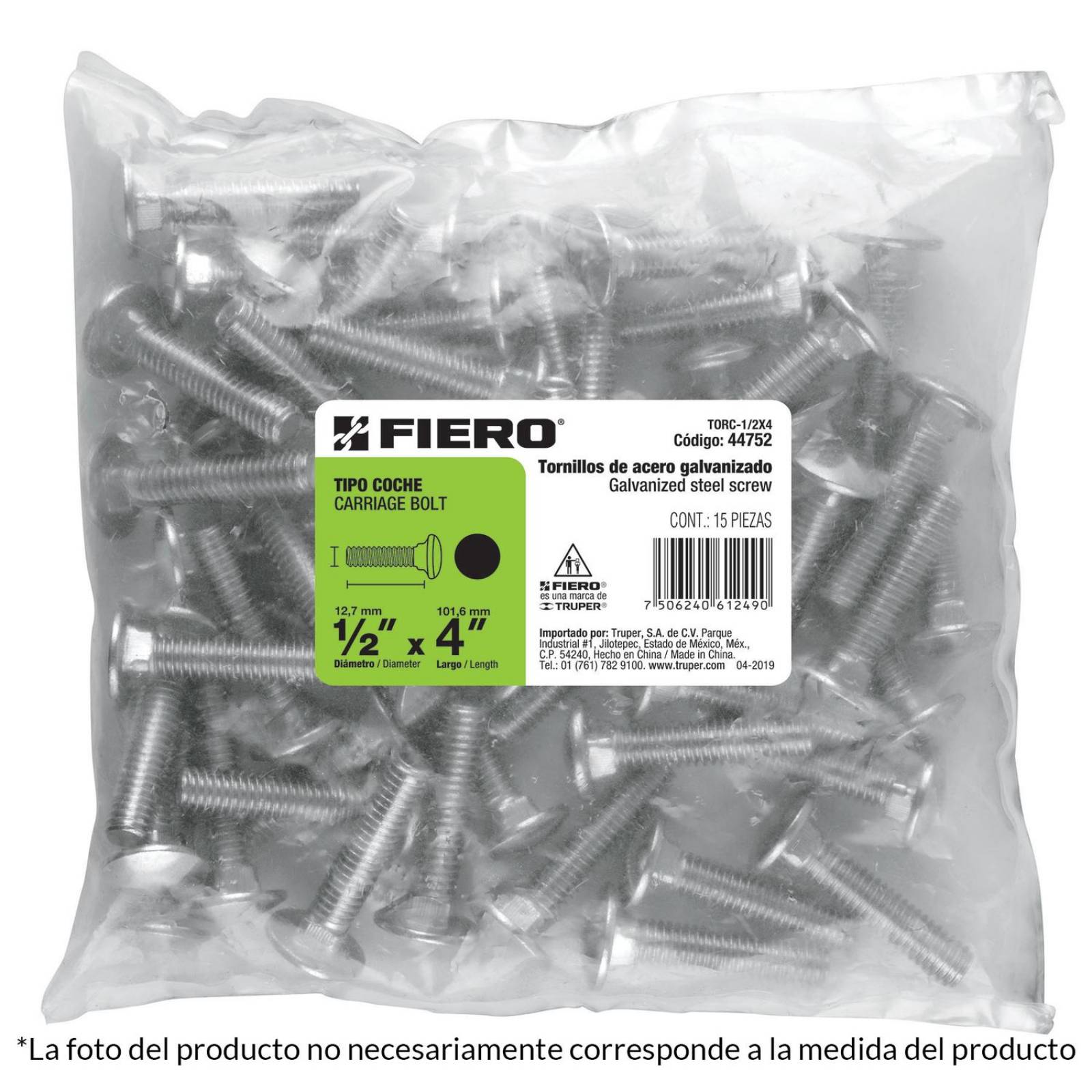 Tornillo Tipo Coche Galvanizado 3/8 X 1' 40pz Fiero