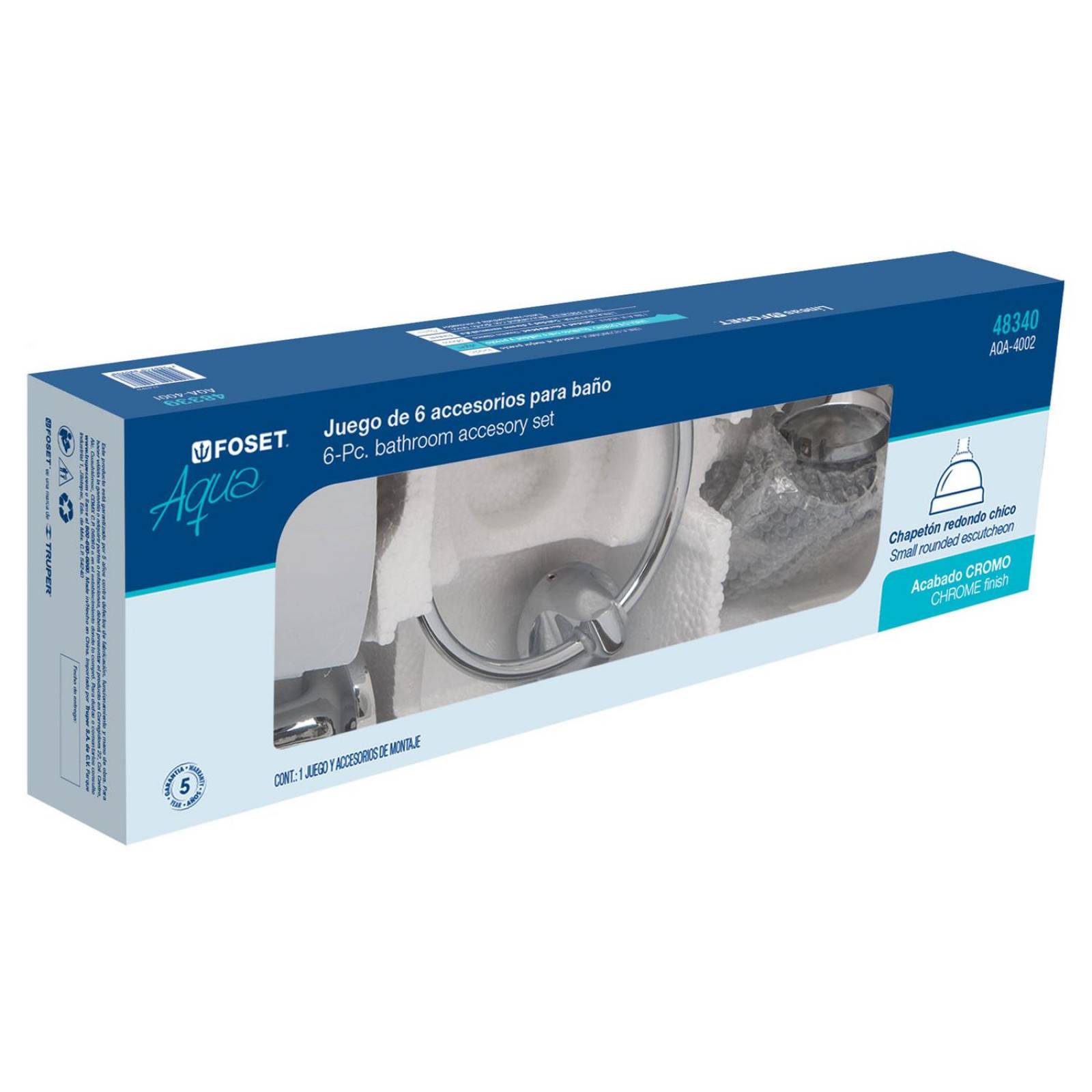 Jgo de acc p/baño con jabonera metálica,cromo, 6 pzas, Aqua 