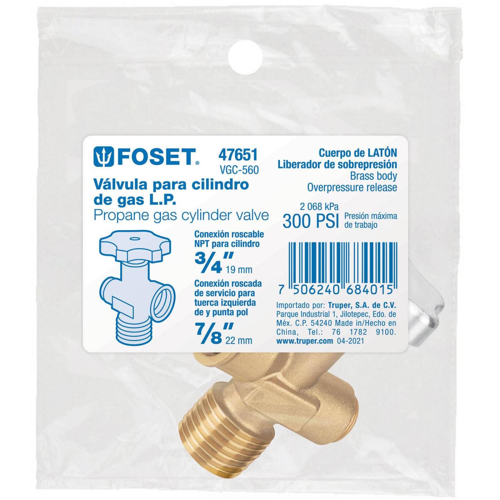 Válvula para cilindros de gas LP hasta 45 kg, Foset 