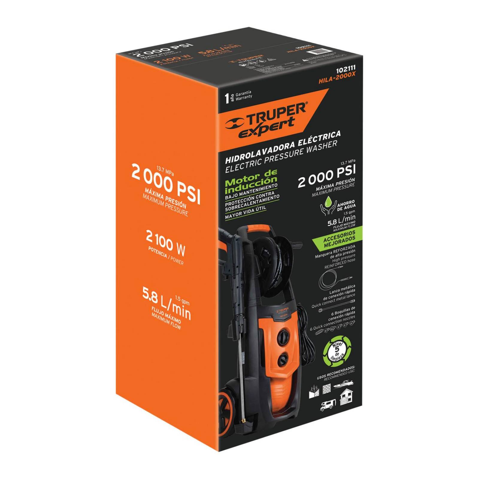 Hidrolavadora eléctrica,2000 PSI, motor de inducción, Expert