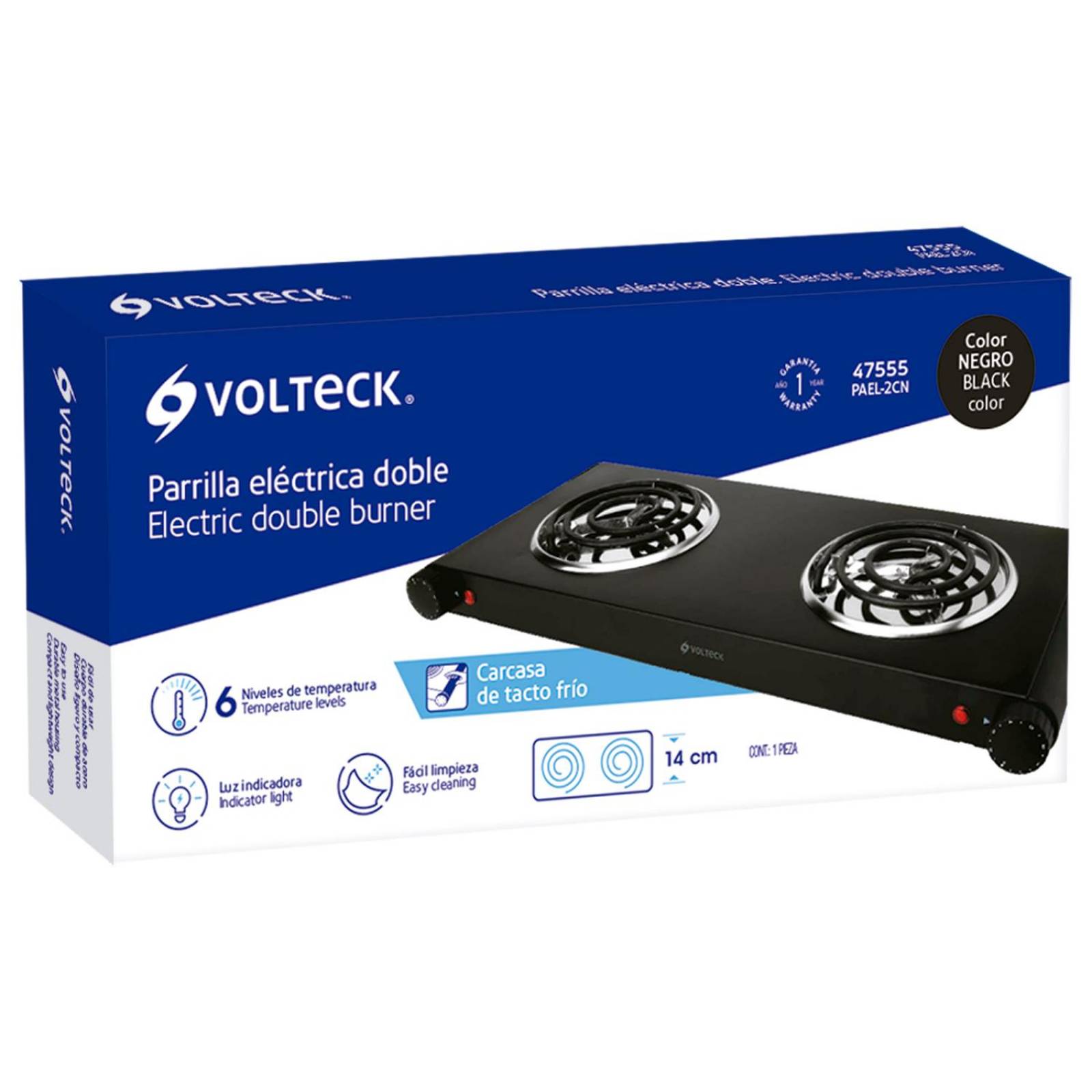 Parrilla eléctrica de doble resistencia, negra, Volteck