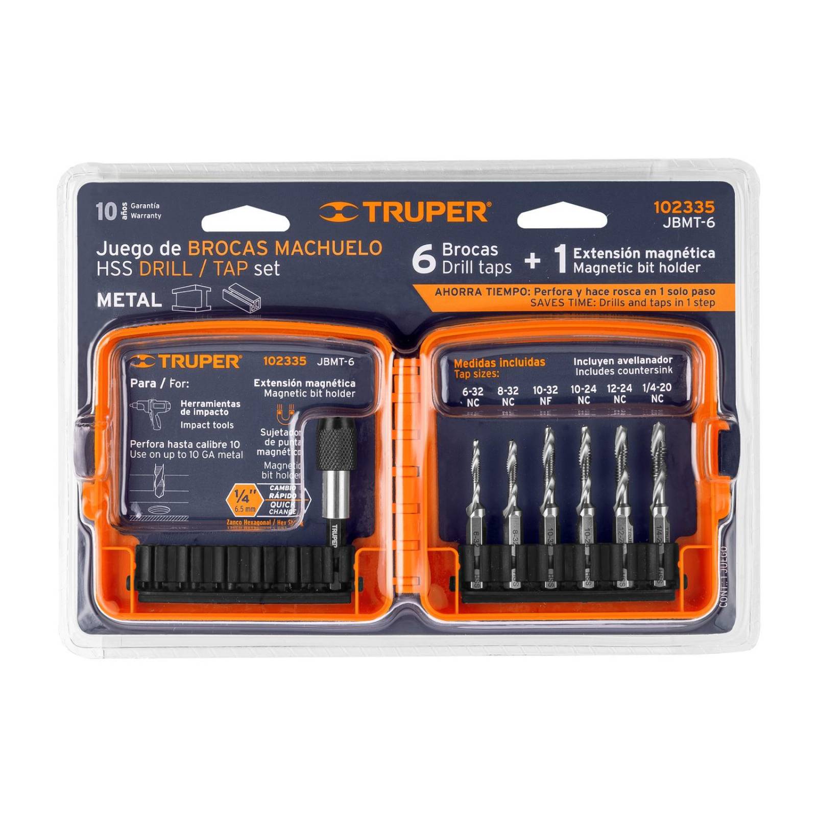 Juego de 6 brocas HSS con machuelo para metal, Truper 