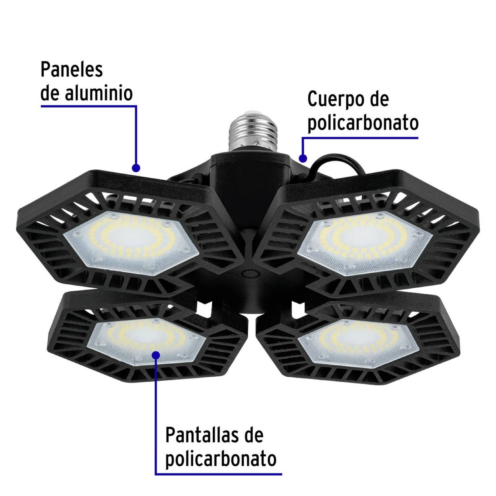 Luminario de LED 100 W, aluminio con 4 paneles abatibles 