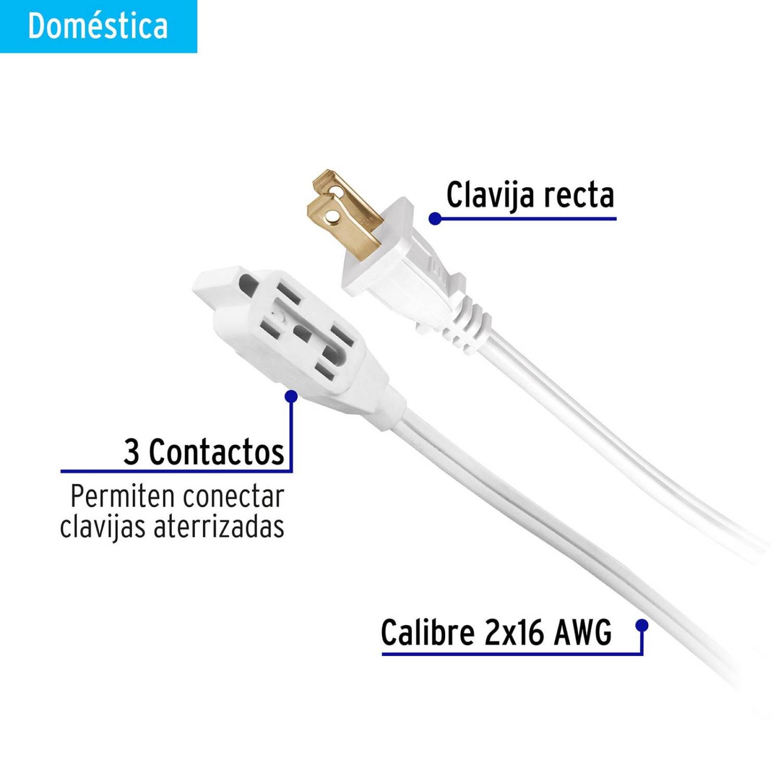 Extensión eléctrica doméstica 2 m blanca con clavija recta 