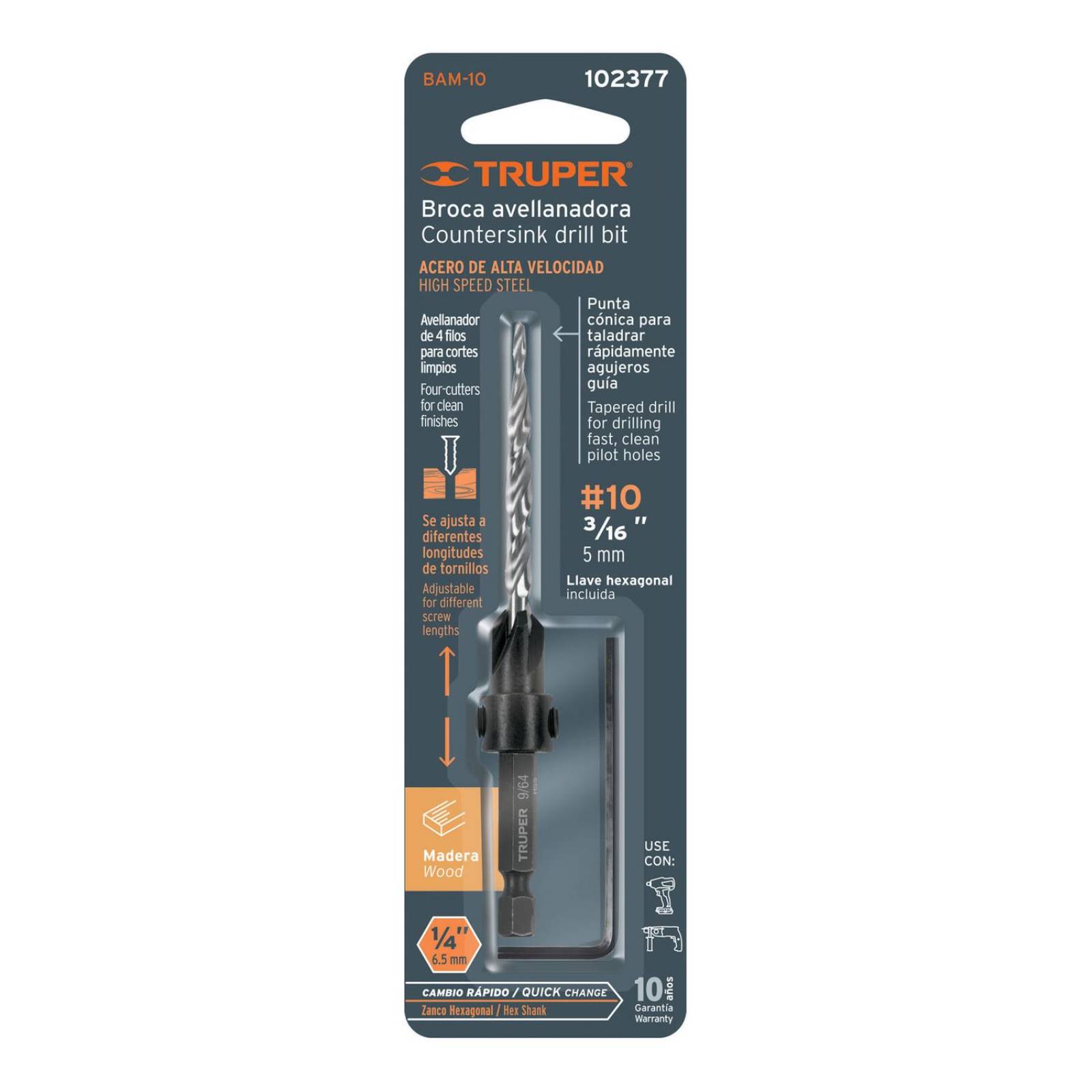 Broca avellanadora #10 para madera, 3/16", Truper 