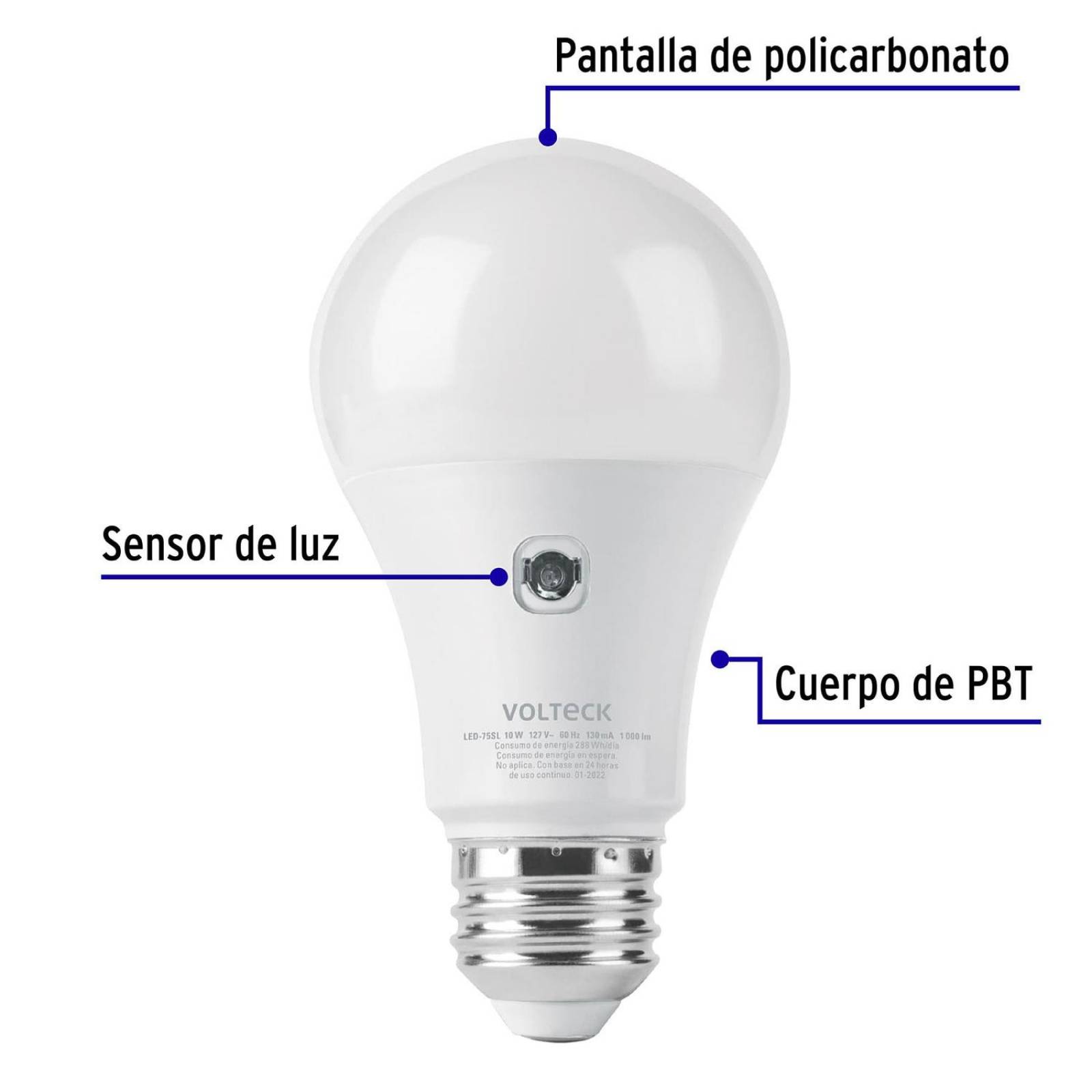 Lámpara LED tipo bulbo A19 10 W con sensor de luz, Volteck 