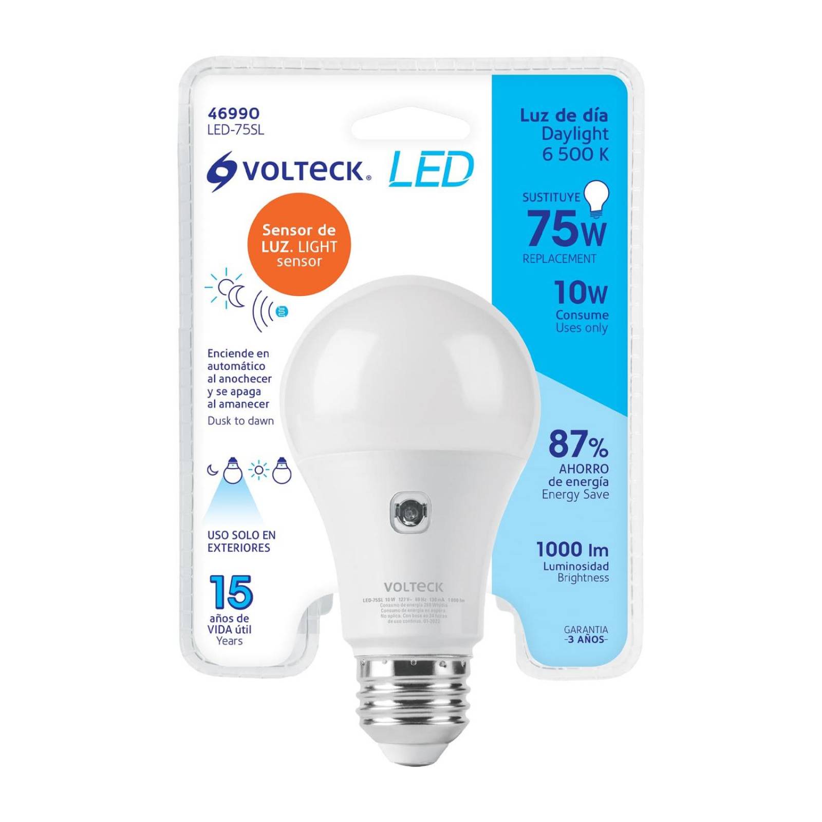 Lámpara LED tipo bulbo A19 10 W con sensor de luz, Volteck 