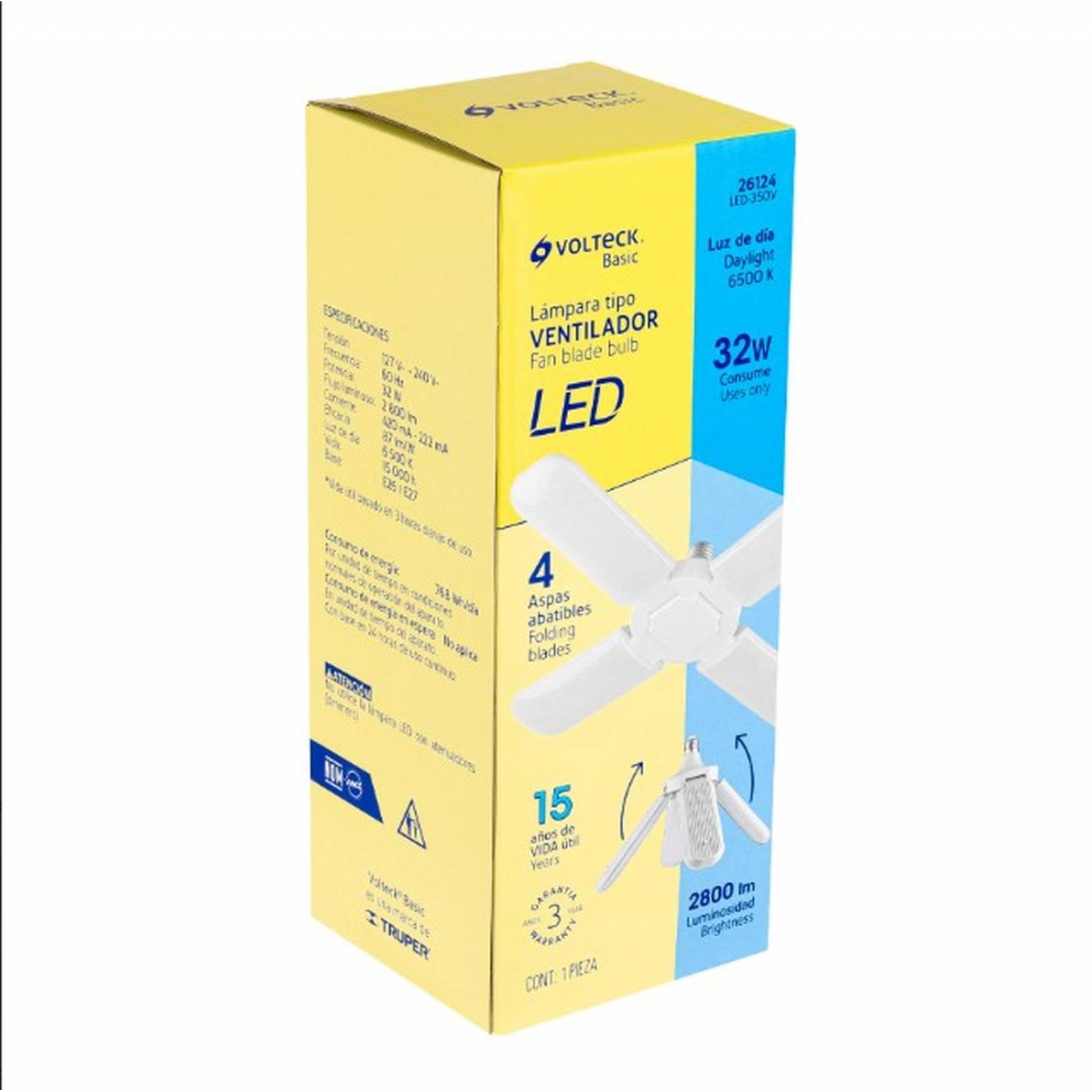 Lámpara LED 32W tipo ventilador, 4 aspas ajustables, Volteck 