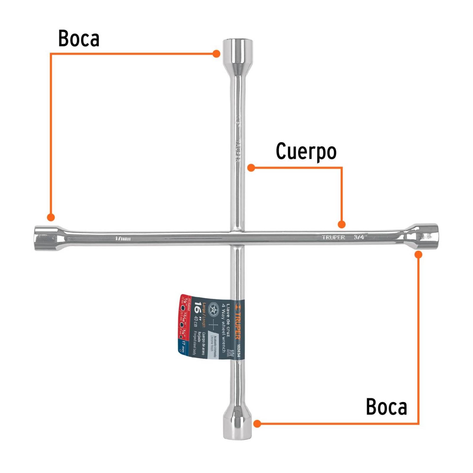 Llave de cruz 16" pulida y cromada, Truper