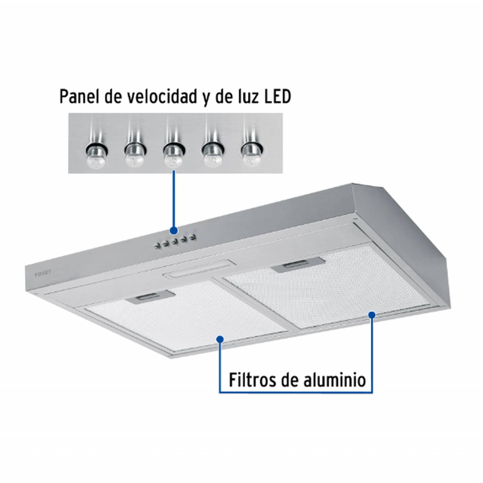Campana extractora 60cm, empotrable, acero inoxidable, Foset 