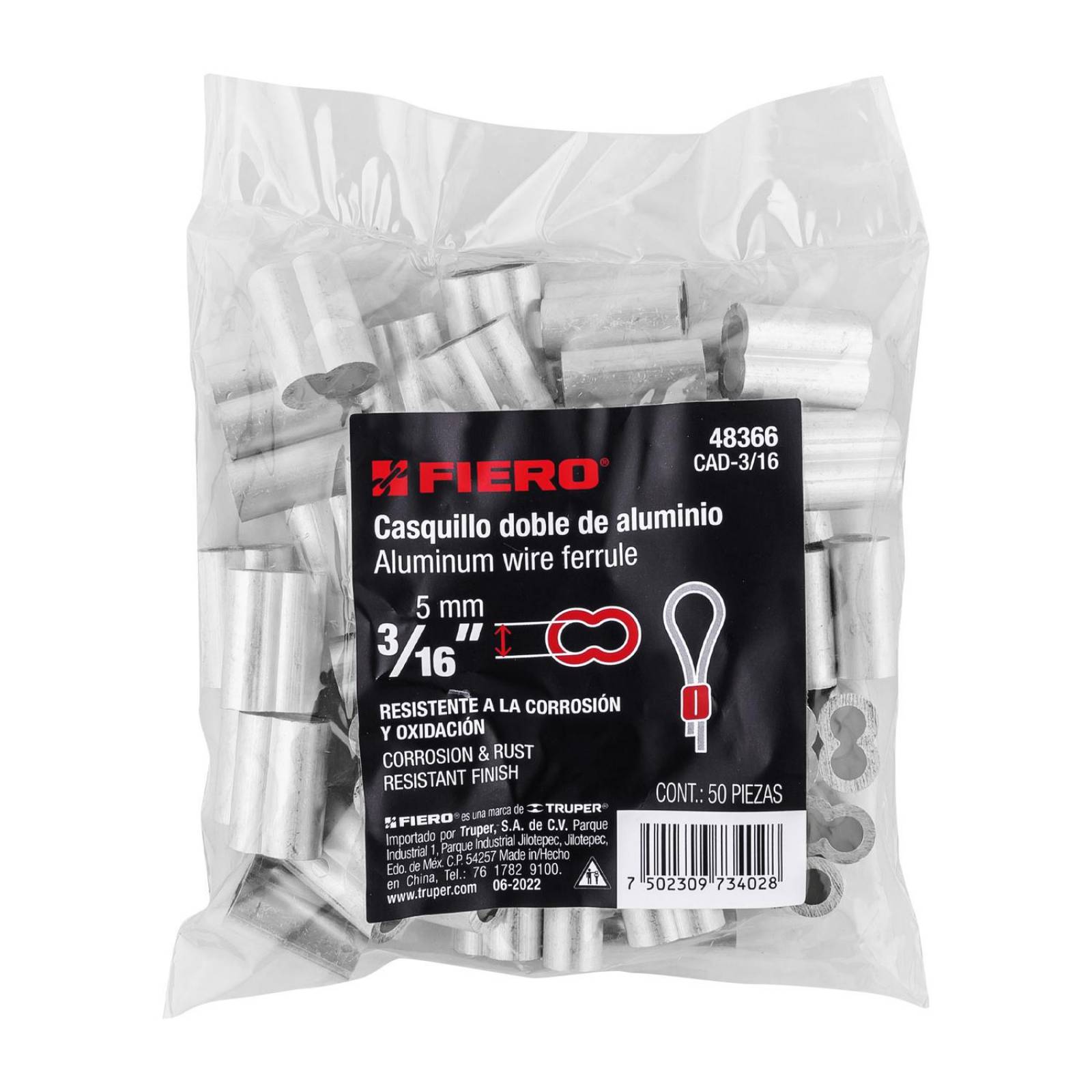 Bolsa con 50 casquillos dobles de aluminio, 3/16", Fiero 