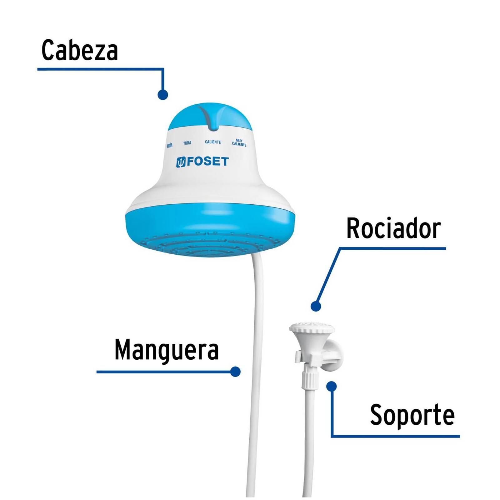 Regadera eléctrica, 4 temperaturas, 16.5cm, azul, Foset 