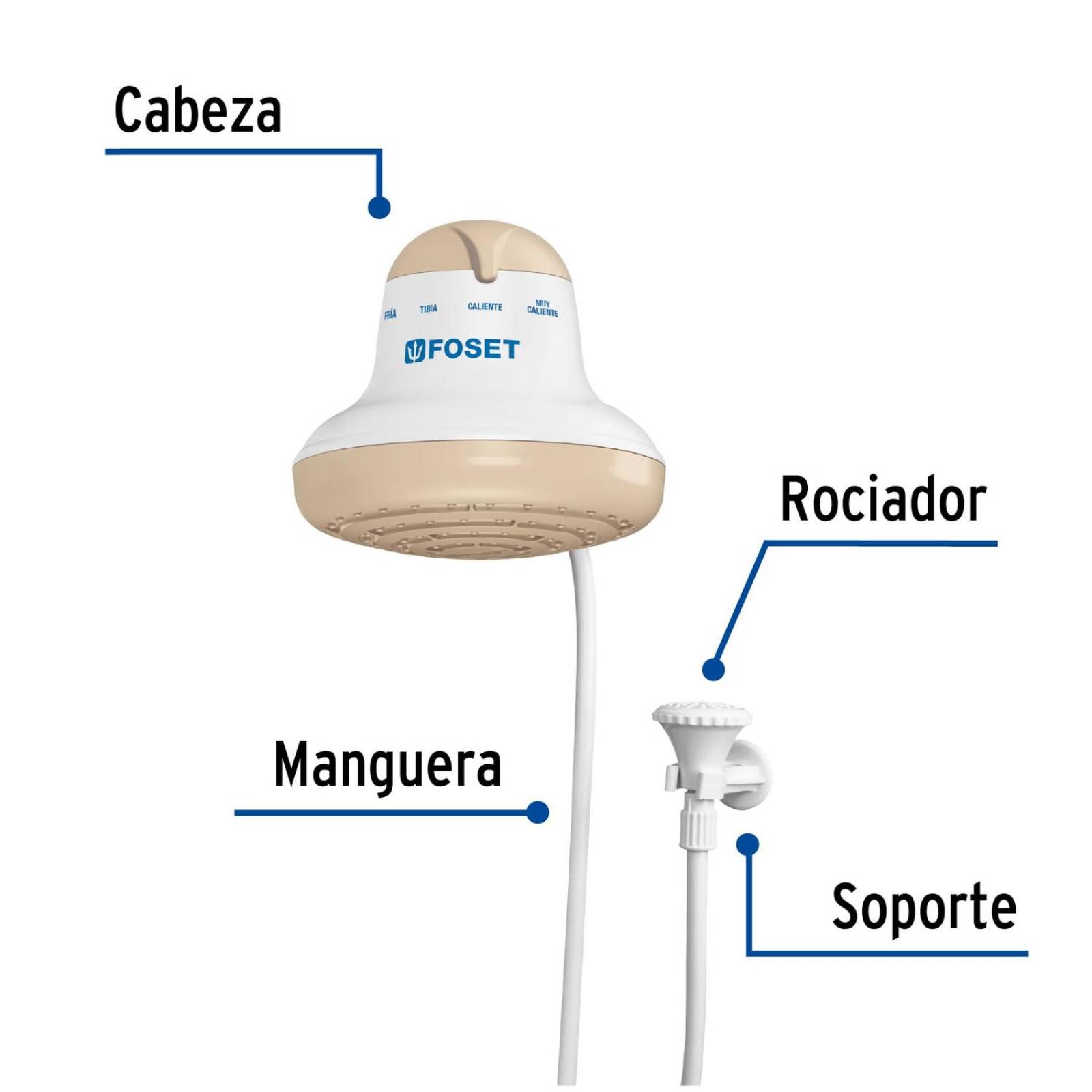 Regadera eléctrica, 4 temperaturas, 16.5cm, beige, Foset 